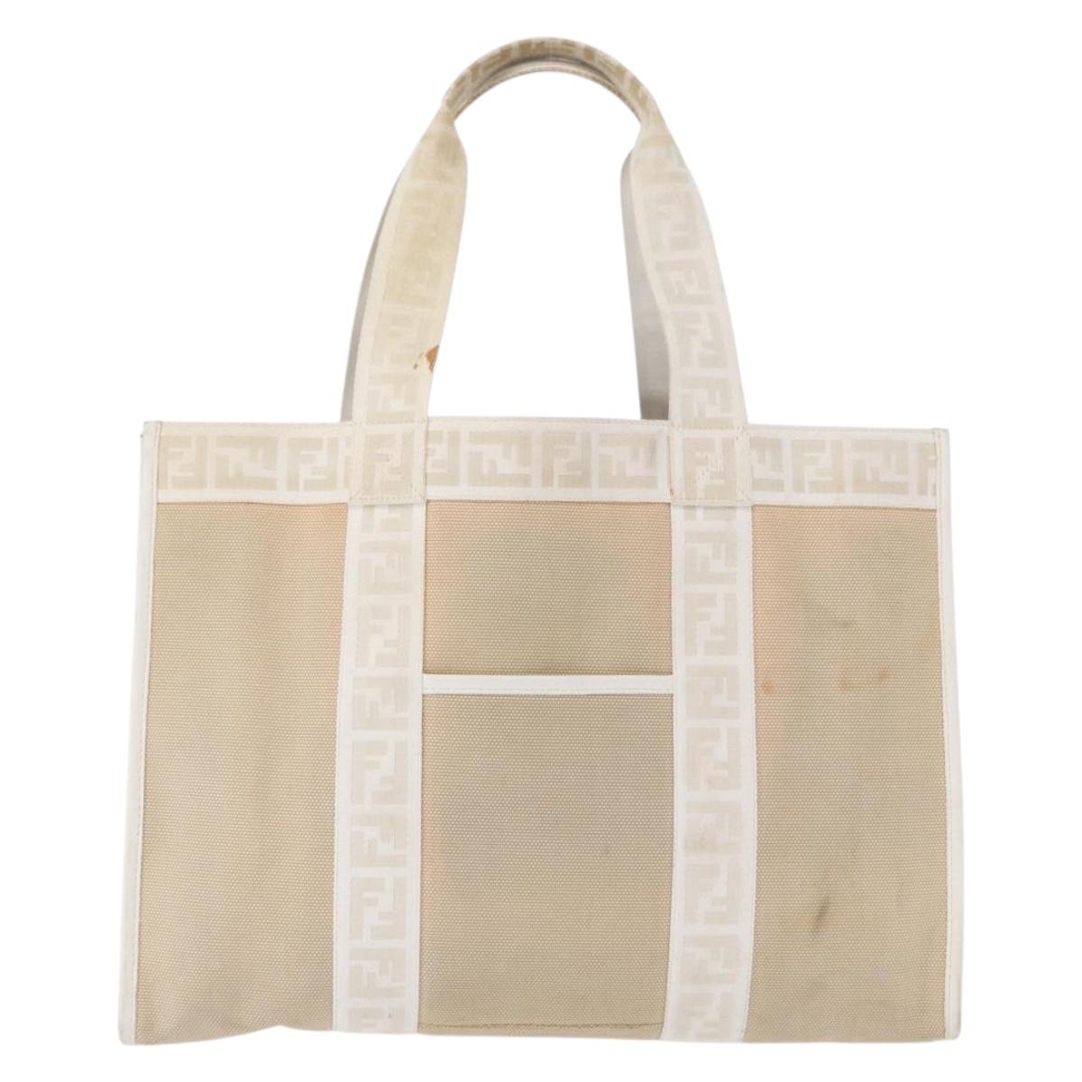 FENDI Zucca Canvas Tote Bag White Gold Auth 163978