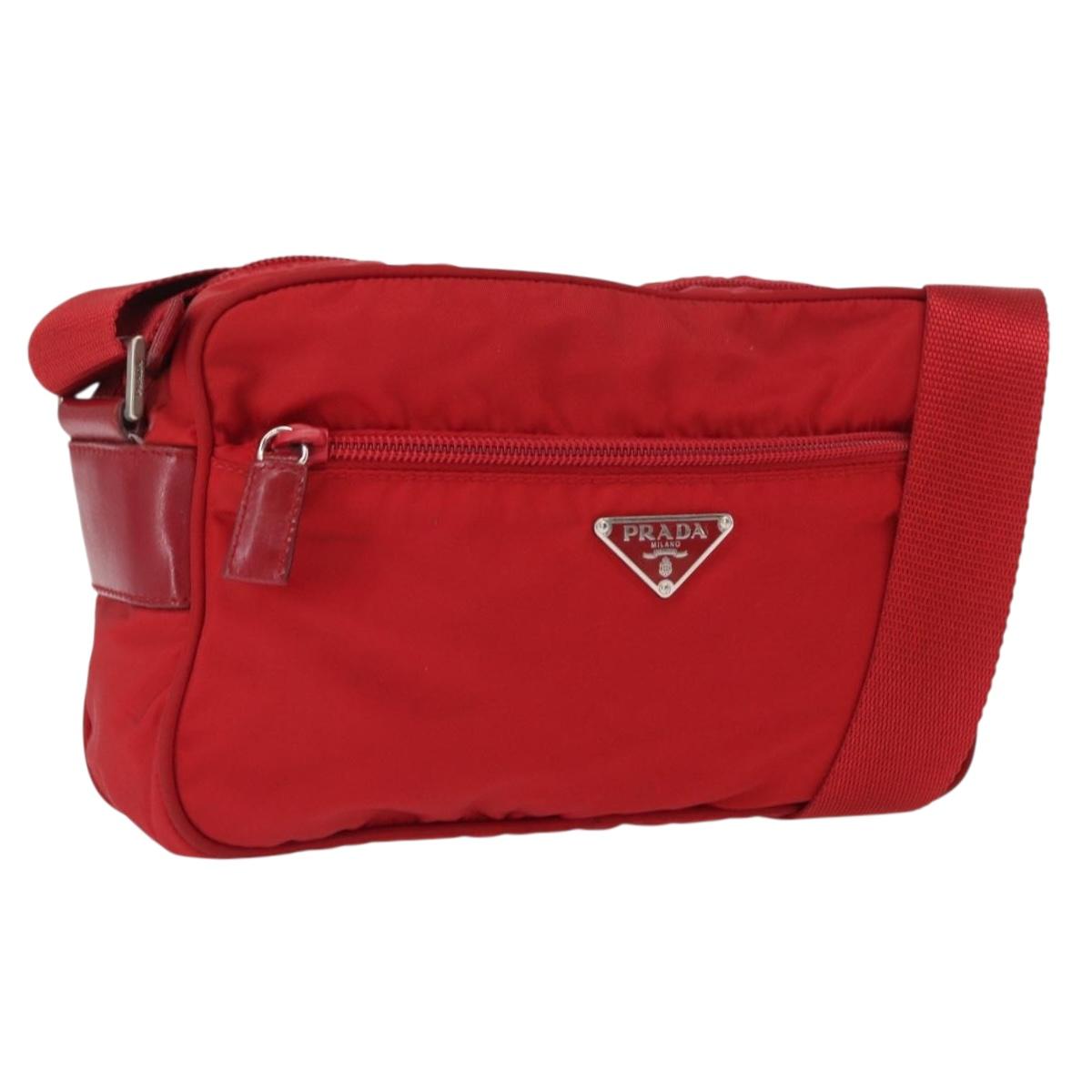 PRADA Shoulder Bag Nylon Red Silver Auth 163993