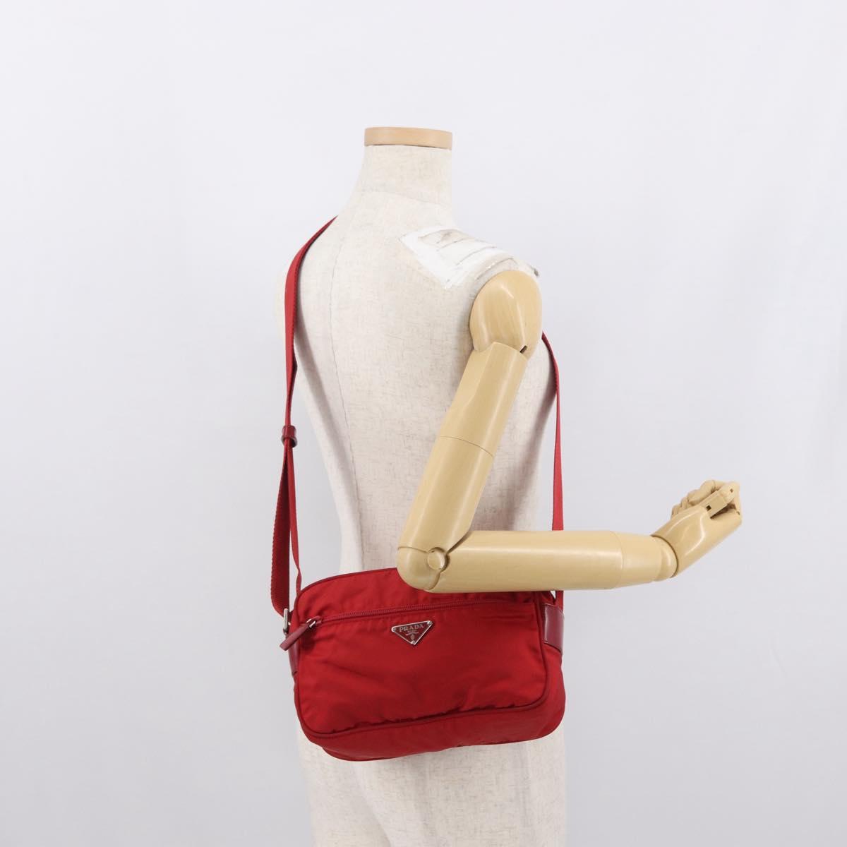 PRADA Shoulder Bag Nylon Red Silver Auth 163993
