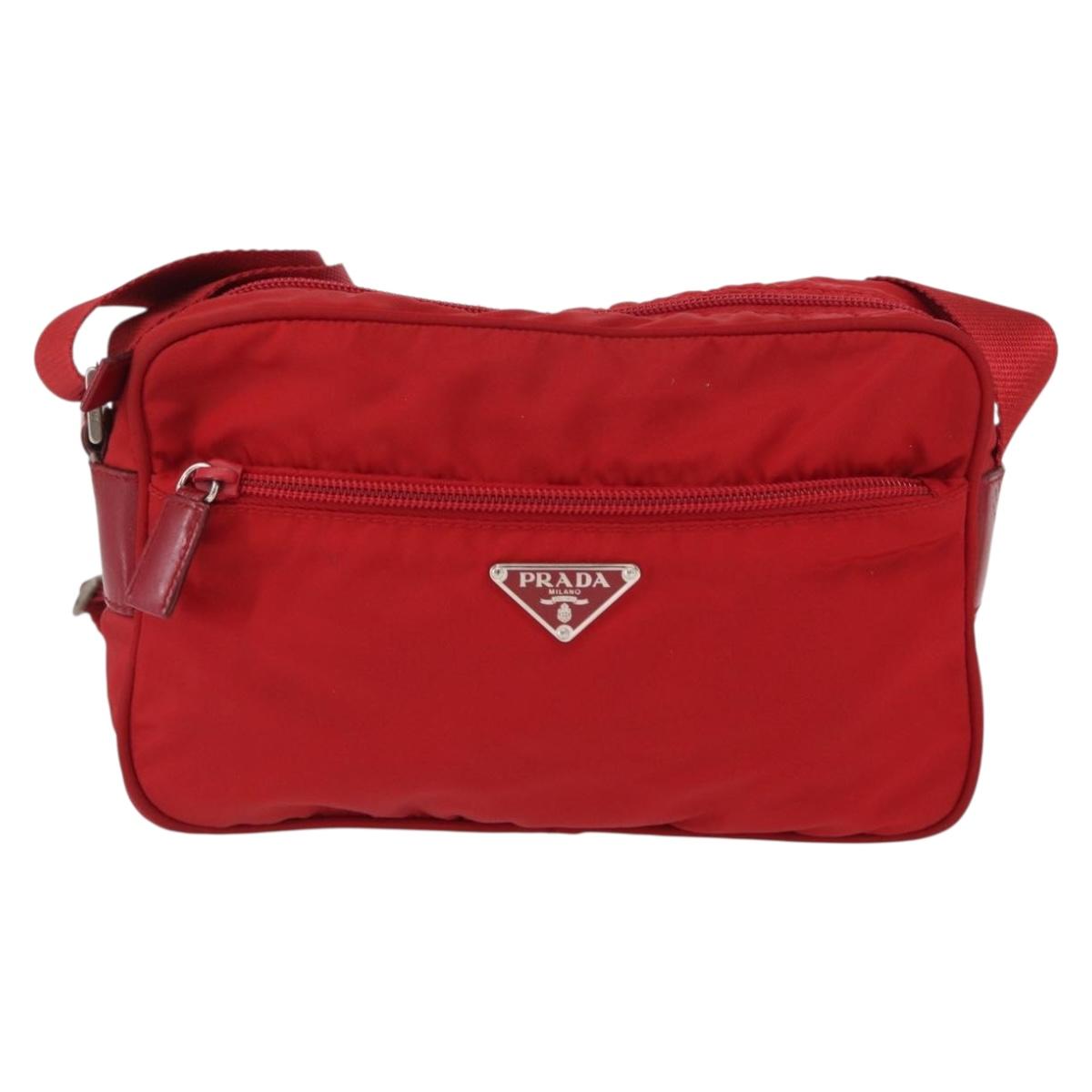 PRADA Shoulder Bag Nylon Red Silver Auth 163993