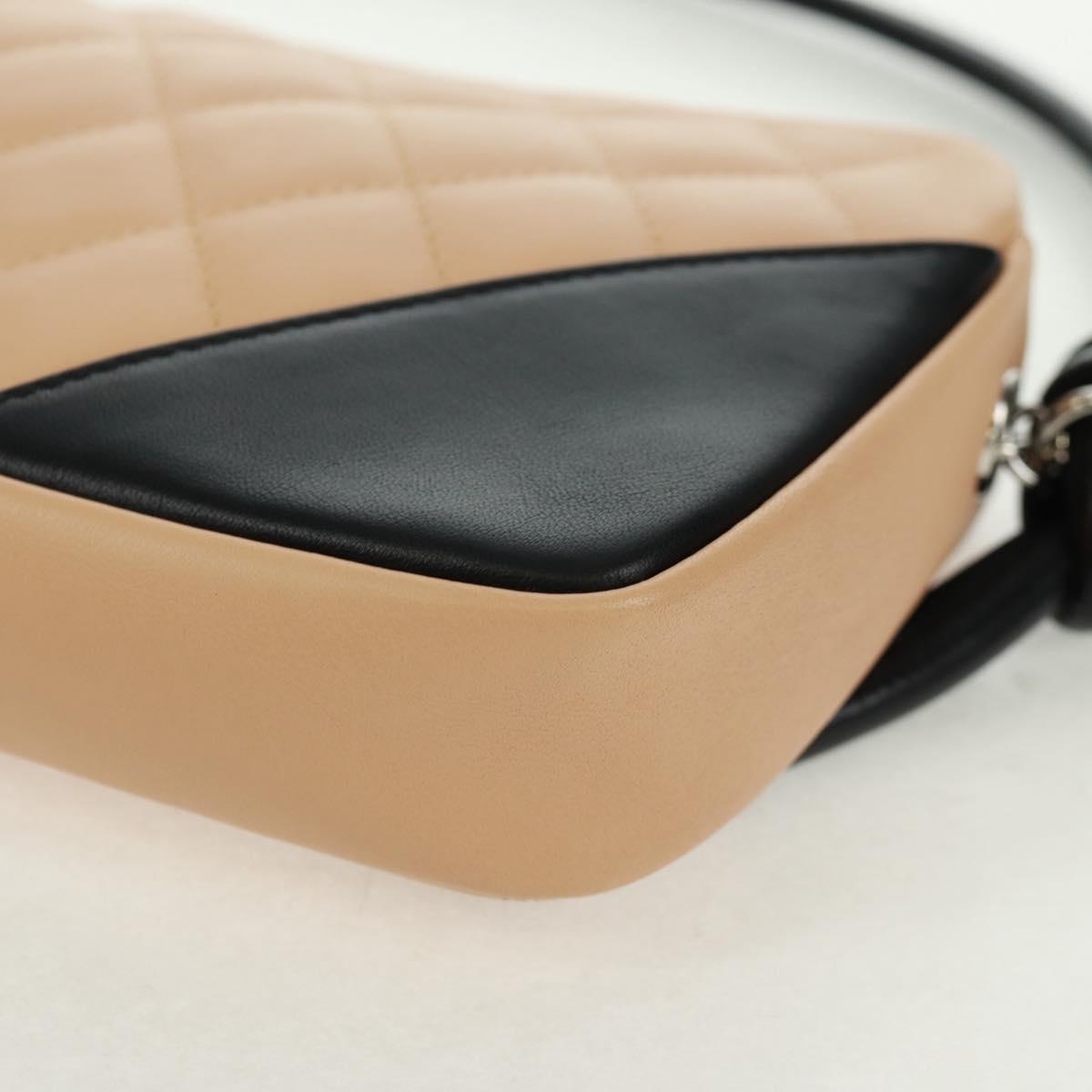 CHANEL Cambon Line Matelasse Bag Lamb Skin Beige Black CC Auth 164004SAM