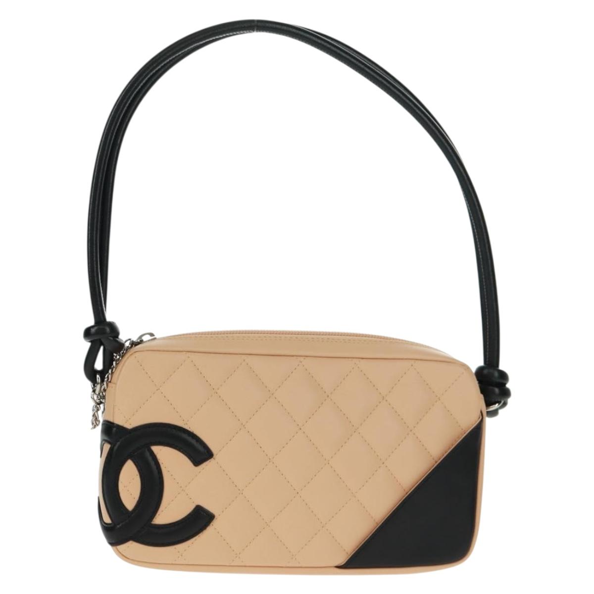 CHANEL Cambon Line Matelasse Bag Lamb Skin Beige Black CC Auth 164004SAM