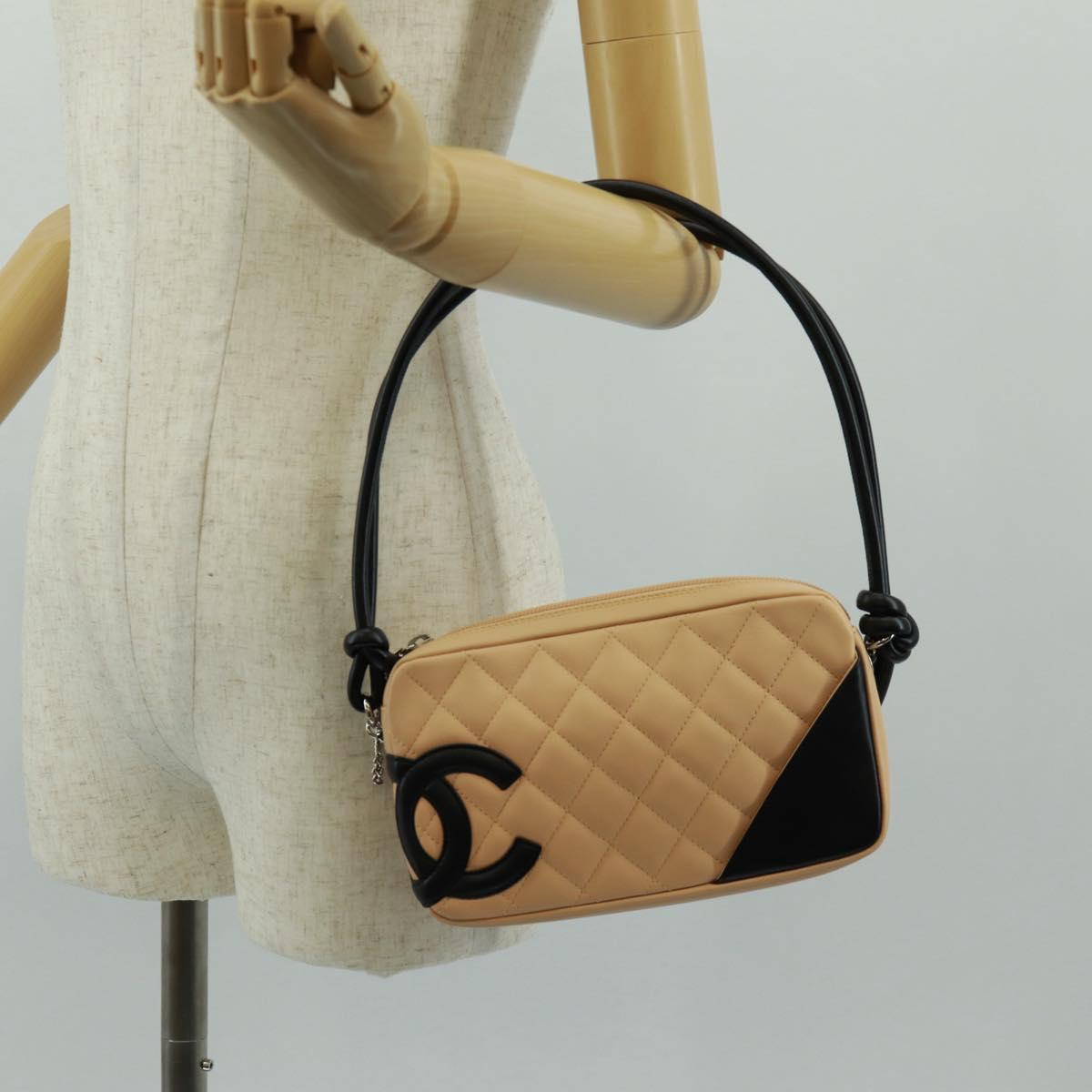 CHANEL Cambon Line Matelasse Bag Lamb Skin Beige Black CC Auth 164004SAM