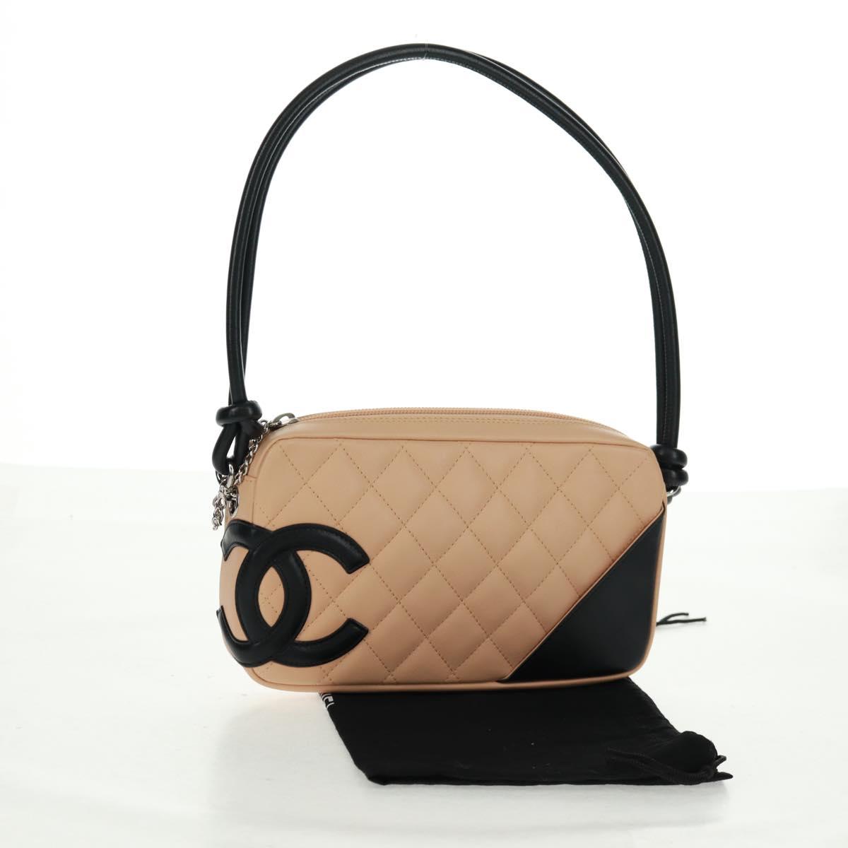 CHANEL Cambon Line Matelasse Bag Lamb Skin Beige Black CC Auth 164004SAM