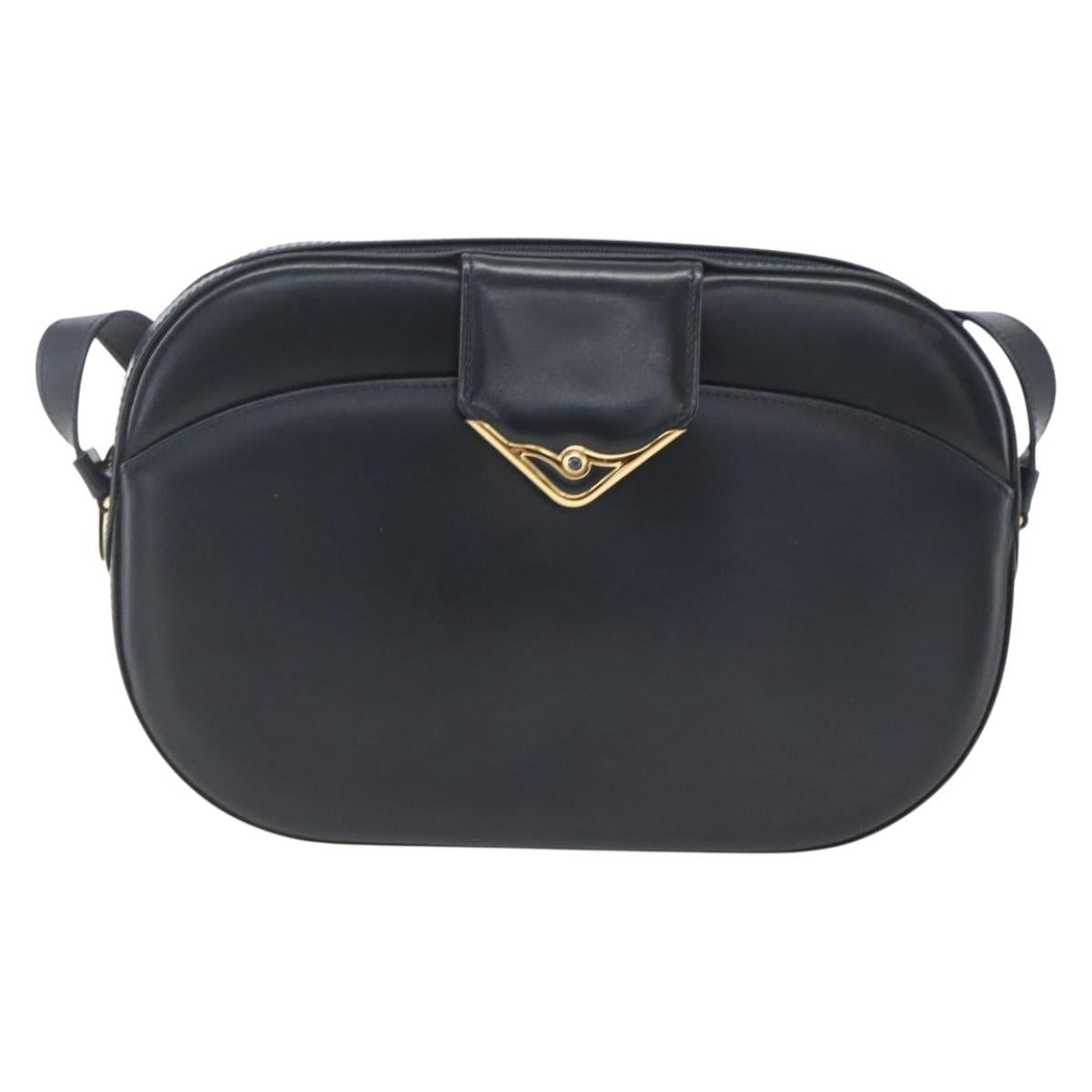 CARTIER Shoulder Bag Leather Navy Gold Auth 164015V