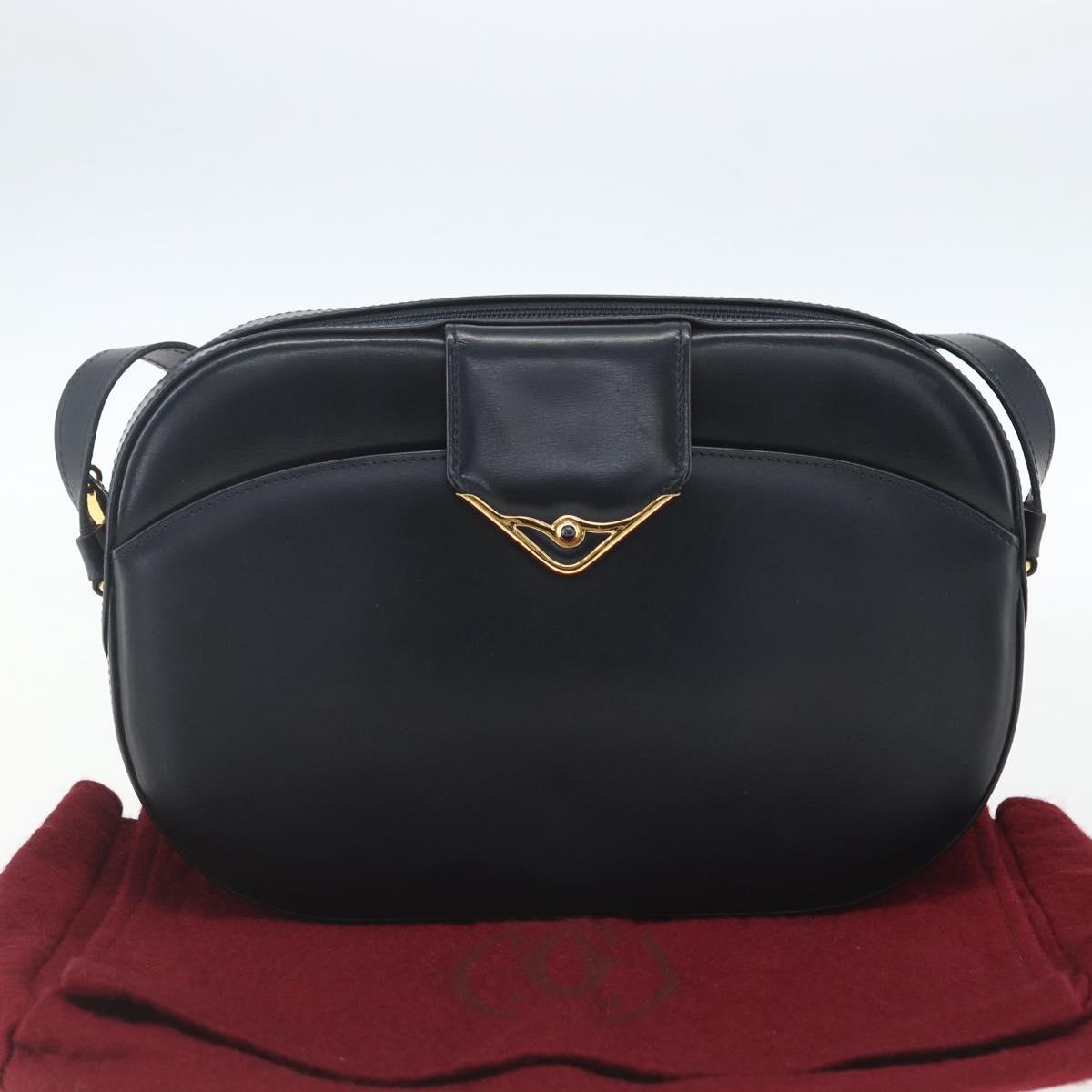 CARTIER Shoulder Bag Leather Navy Gold Auth 164015V
