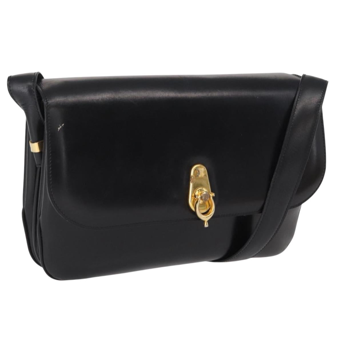 CELINE Shoulder Bag Leather Black Gold Auth 164016