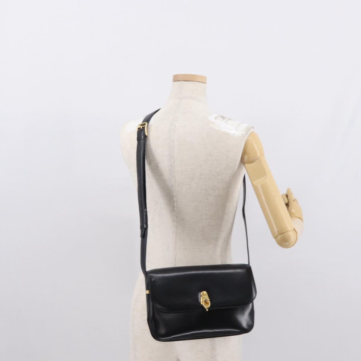 CELINE Shoulder Bag Leather Black Gold Auth 164016