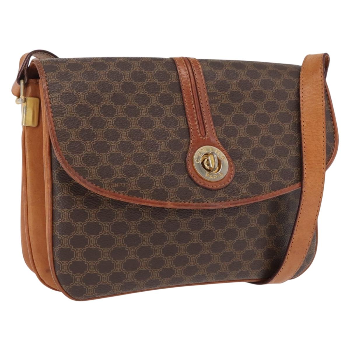 CELINE Macadam Canvas Shoulder Bag PVC Leather Brown Gold Auth 164018