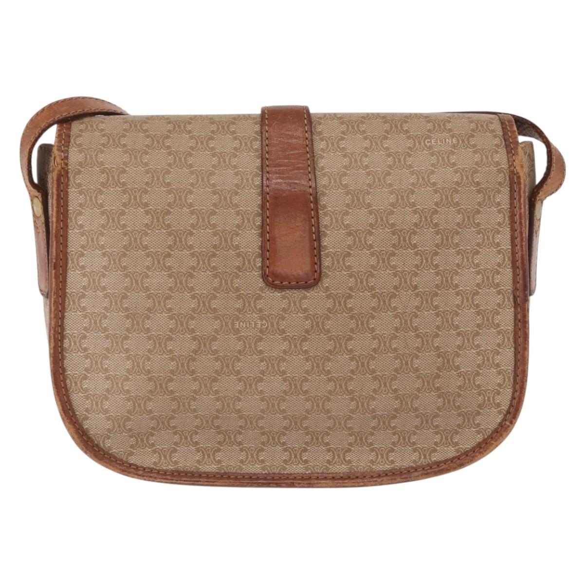 CELINE Macadam Canvas Shoulder Bag PVC Beige Gold Auth 164019