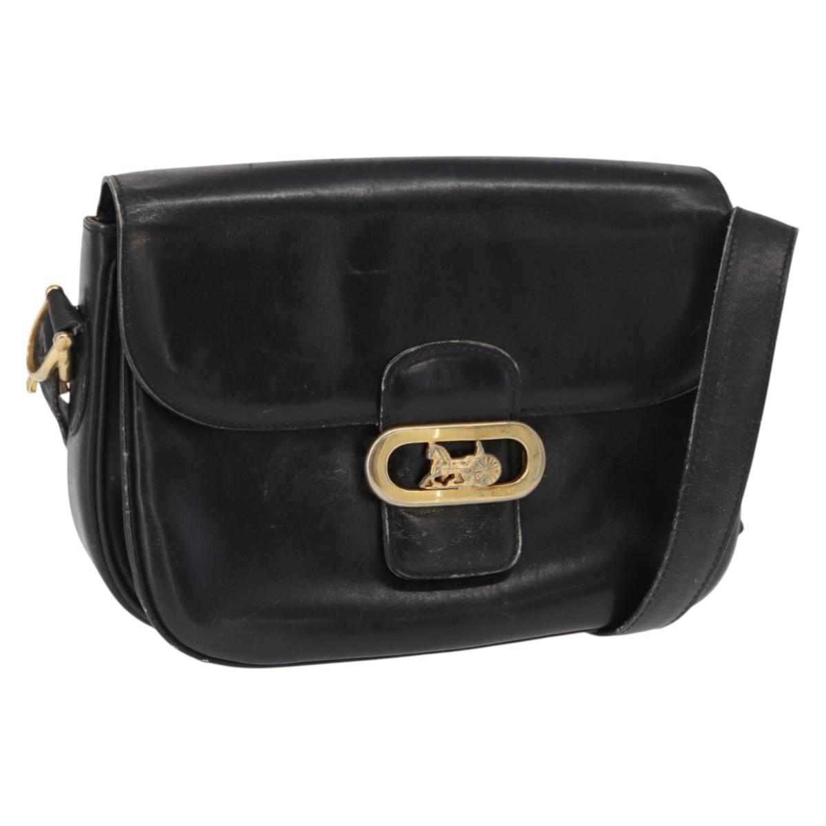CELINE Shoulder Bag Leather Black Gold Auth 164021