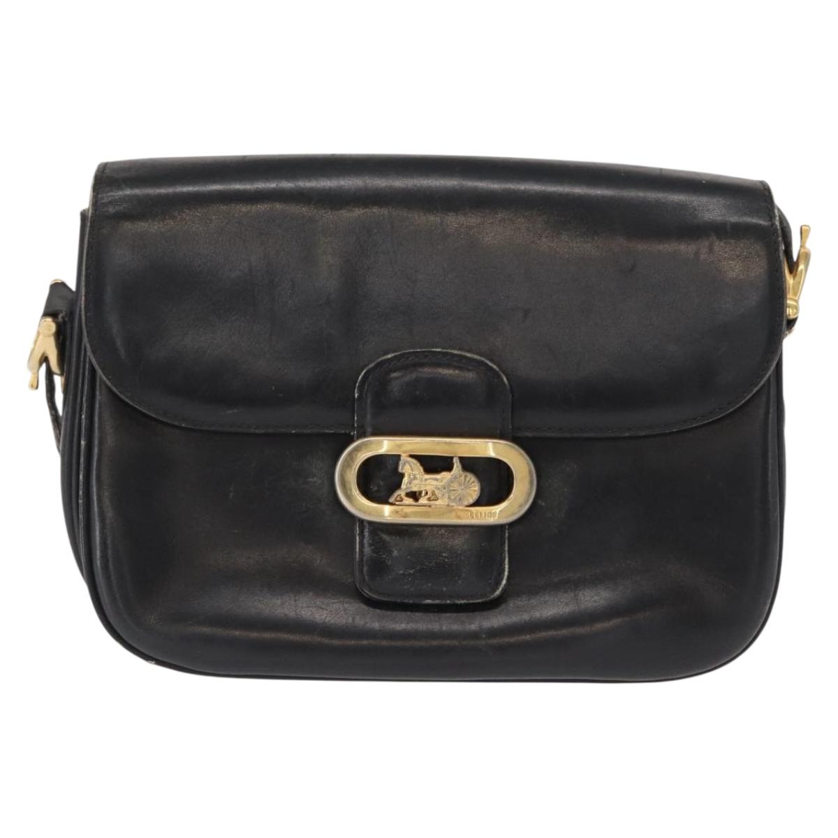 CELINE Shoulder Bag Leather Black Gold Auth 164021