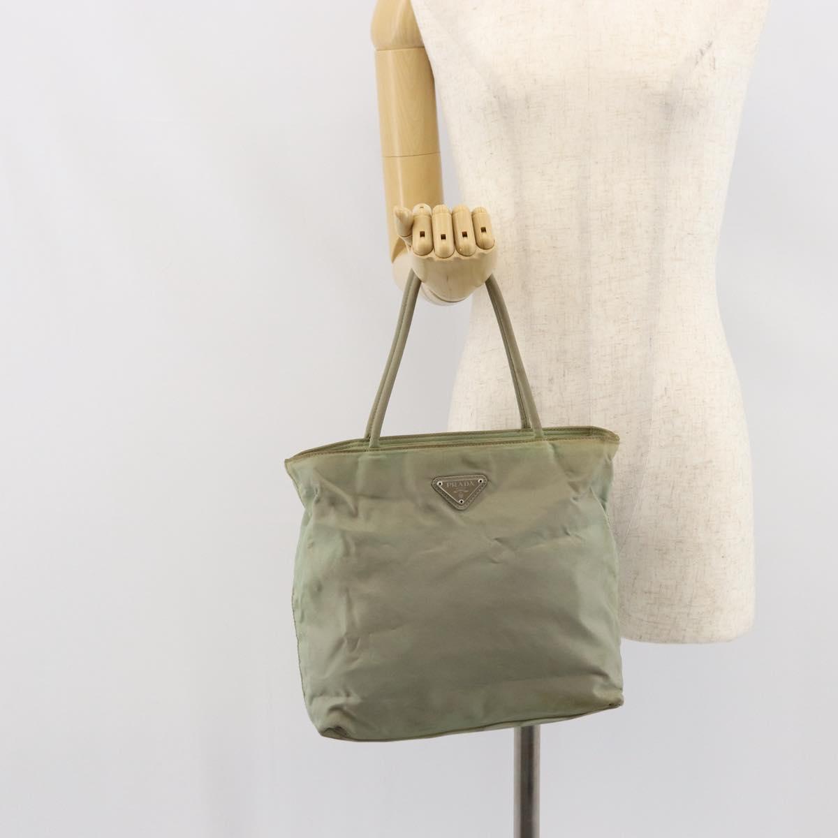 PRADA Hand Bag Nylon Khaki Silver Auth 164059