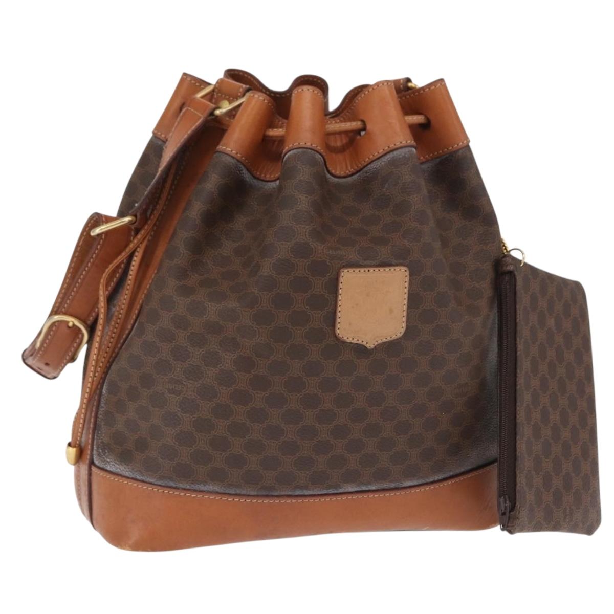CELINE Macadam Canvas Shoulder Bag PVC Leather Brown Gold Auth 164060