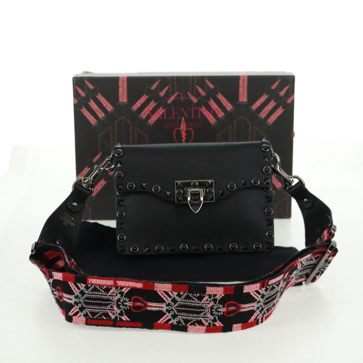 VALENTINO Rock Studs Shoulder Bag Leather Black Silver Auth 164070SAV