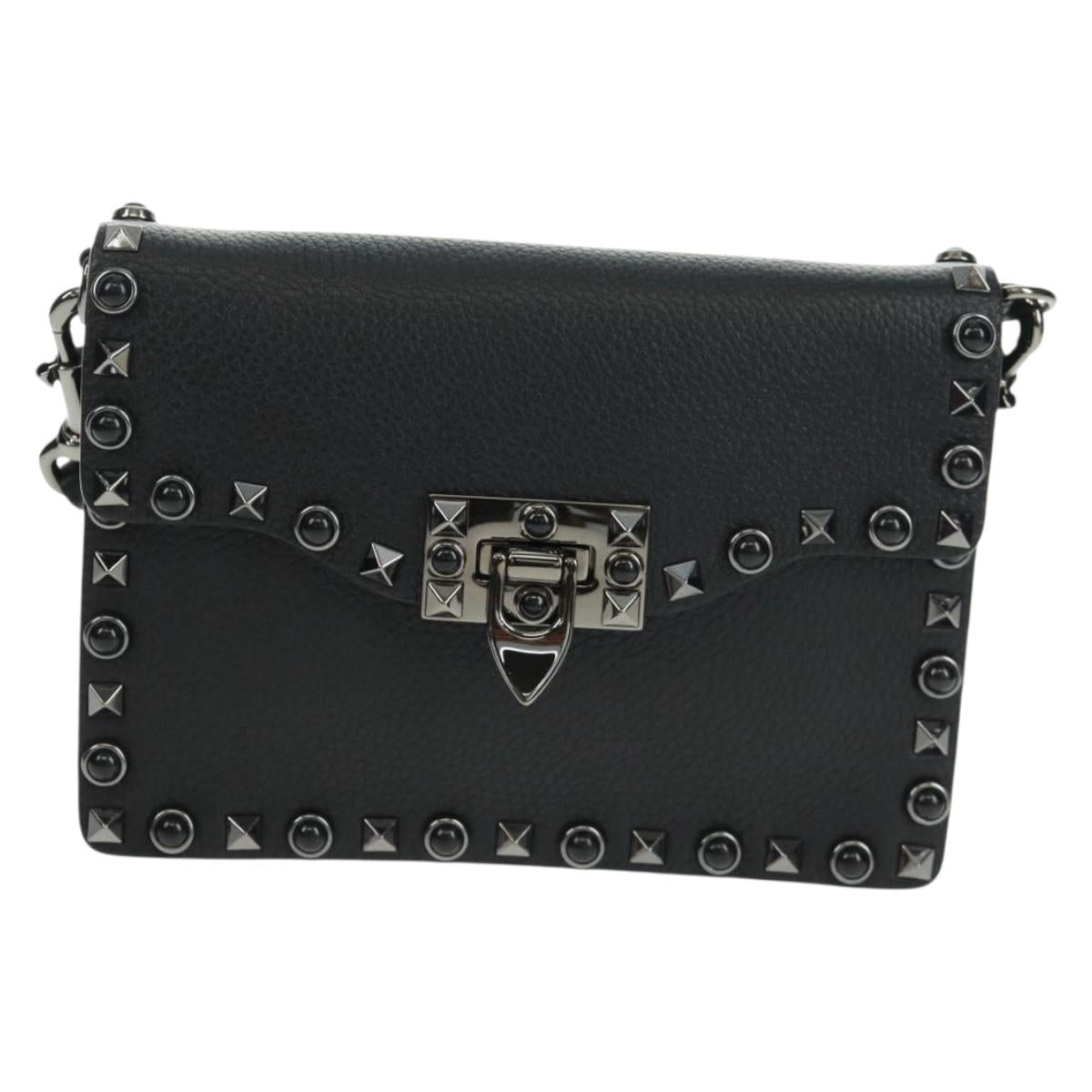 VALENTINO Rock Studs Shoulder Bag Leather Black Silver Auth 164070SAV