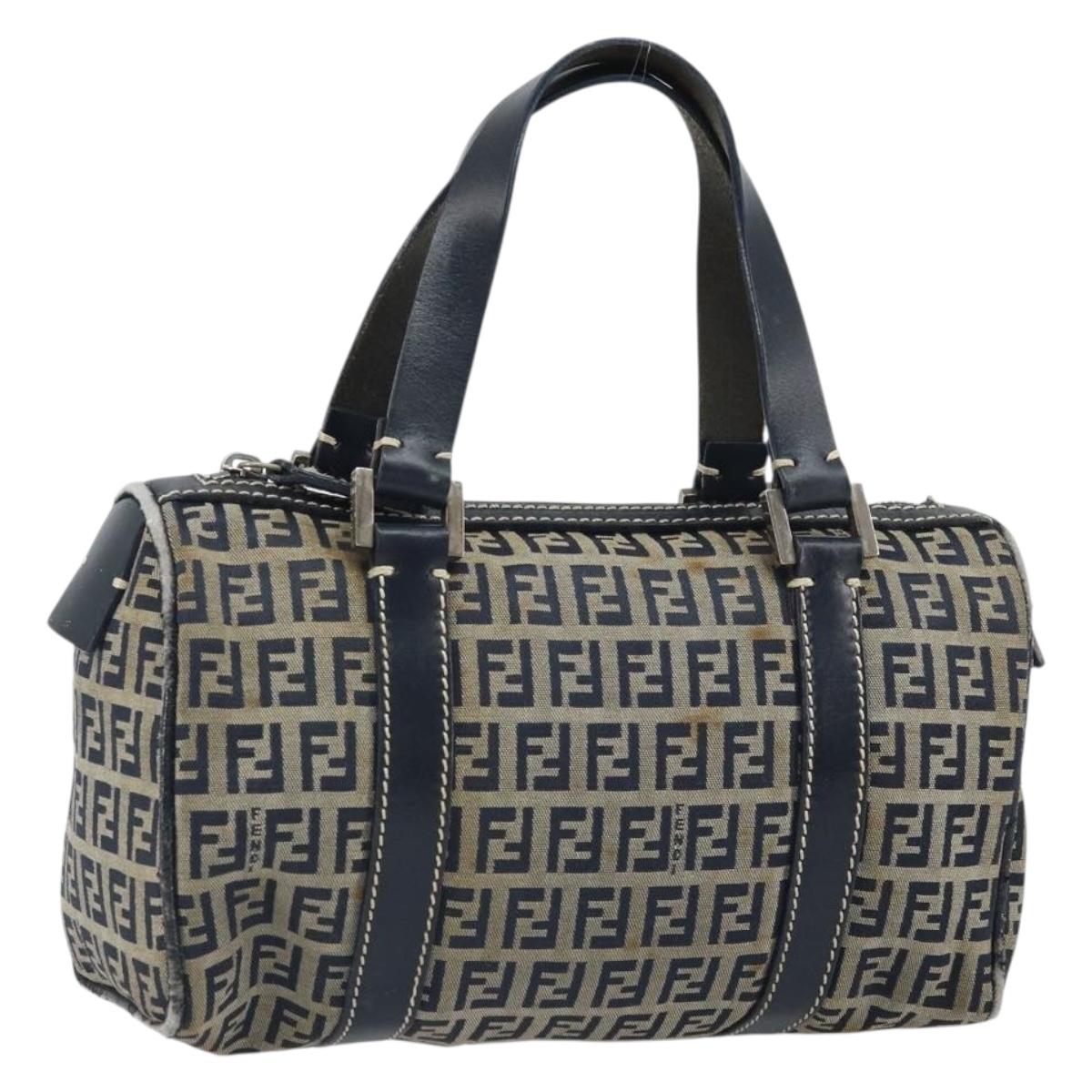 FENDI Zucchino Canvas Hand Bag Navy Silver Auth 164113