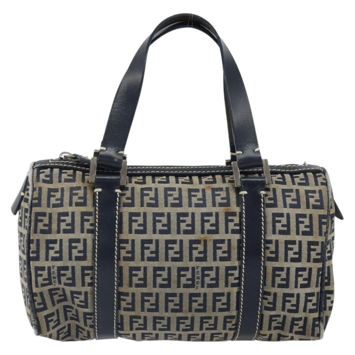 FENDI Zucchino Canvas Hand Bag Navy Silver Auth 164113