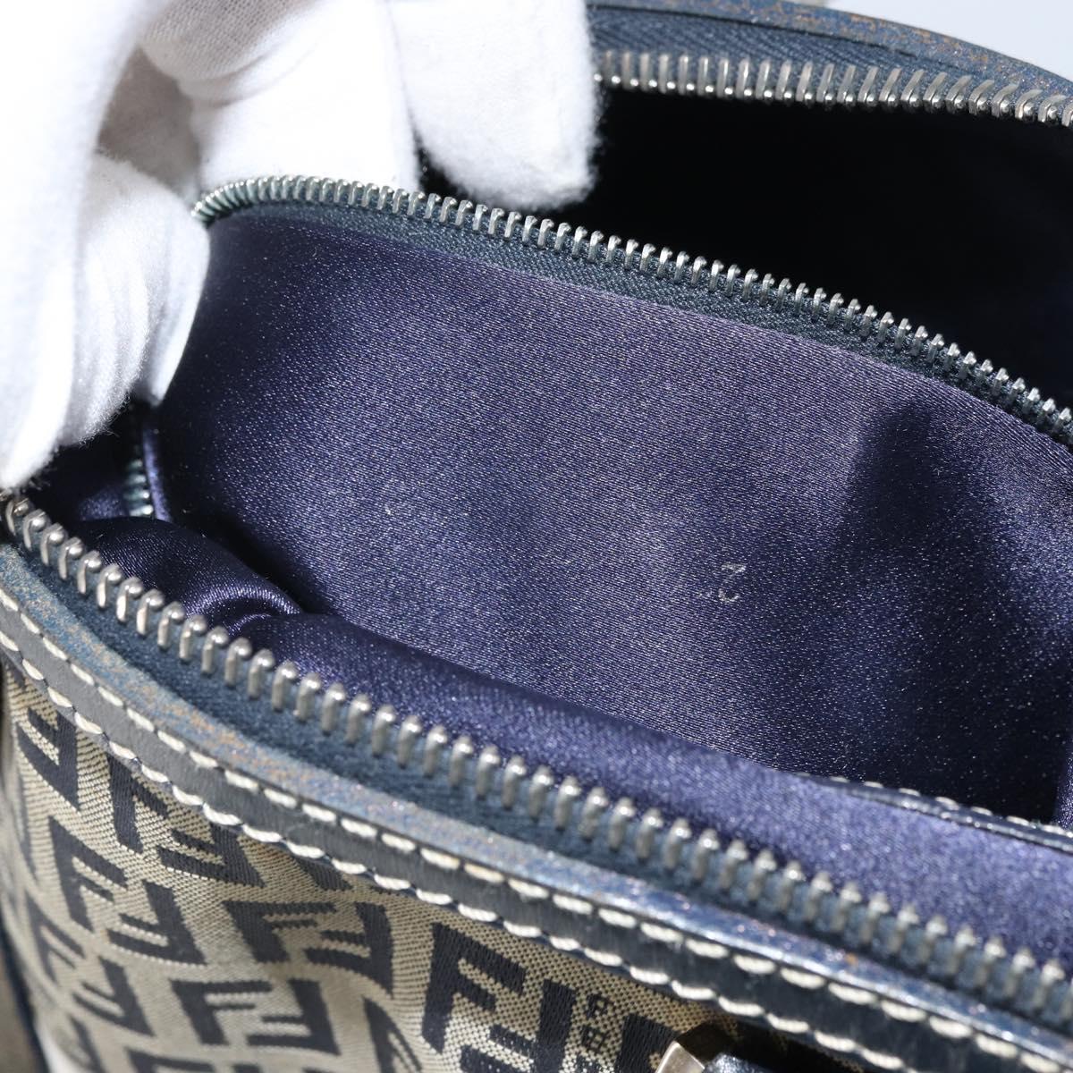 FENDI Zucchino Canvas Hand Bag Navy Silver Auth 164113