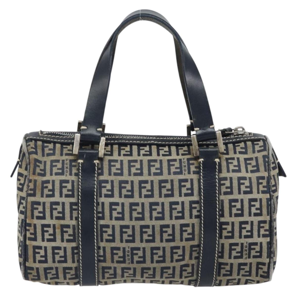 FENDI Zucchino Canvas Hand Bag Navy Silver Auth 164113