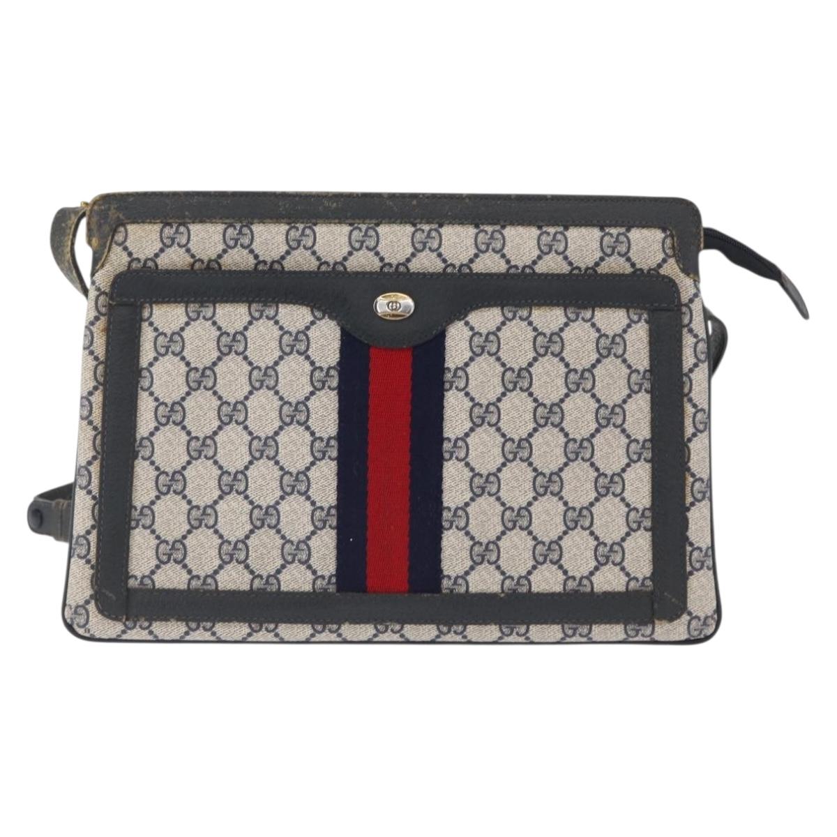 GUCCI GG Supreme Sherry Line Bag PVC Navy Gold Red 14 02 013 Auth 164136