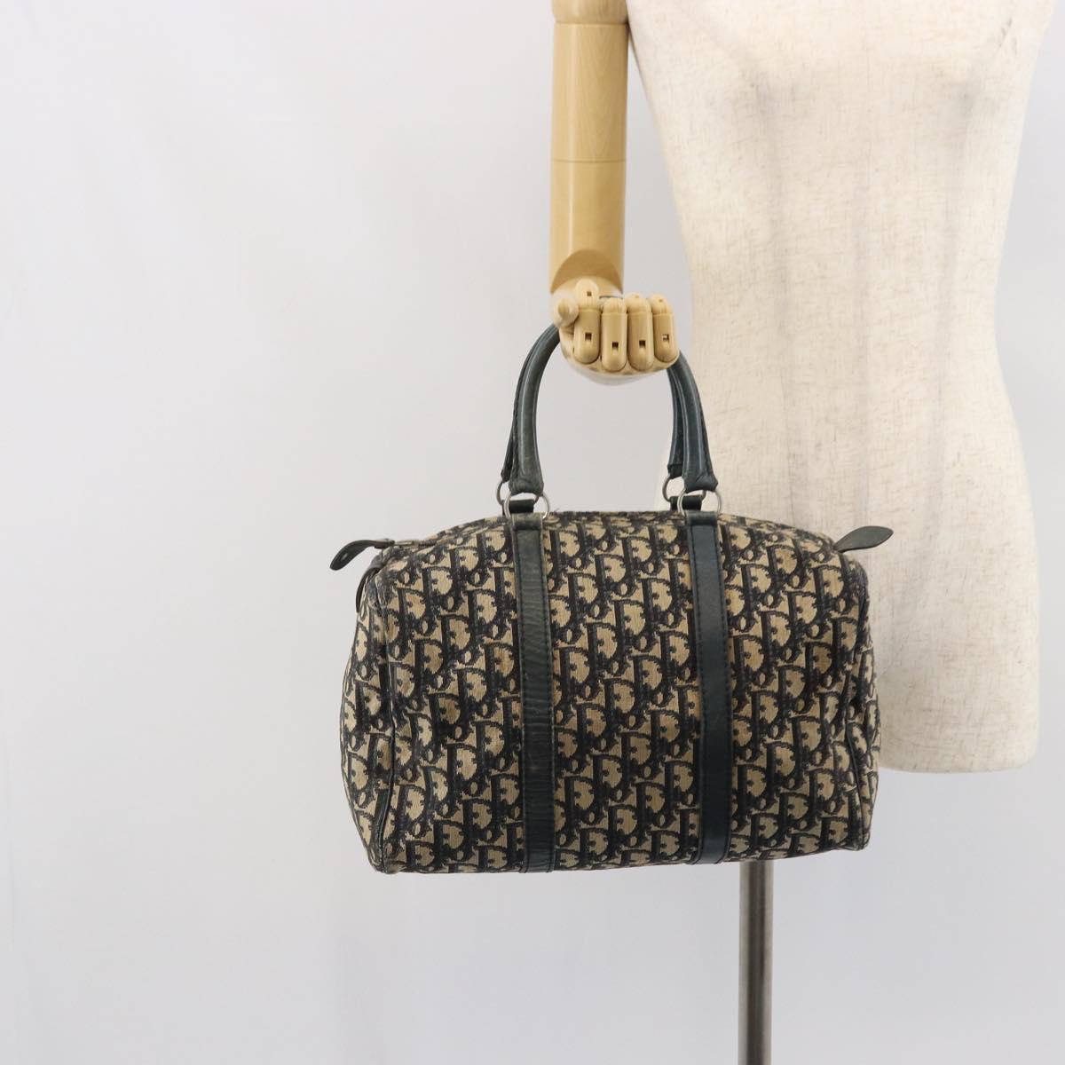 Christian Dior Trotter Canvas Boston Bag Navy Silver Auth 164140