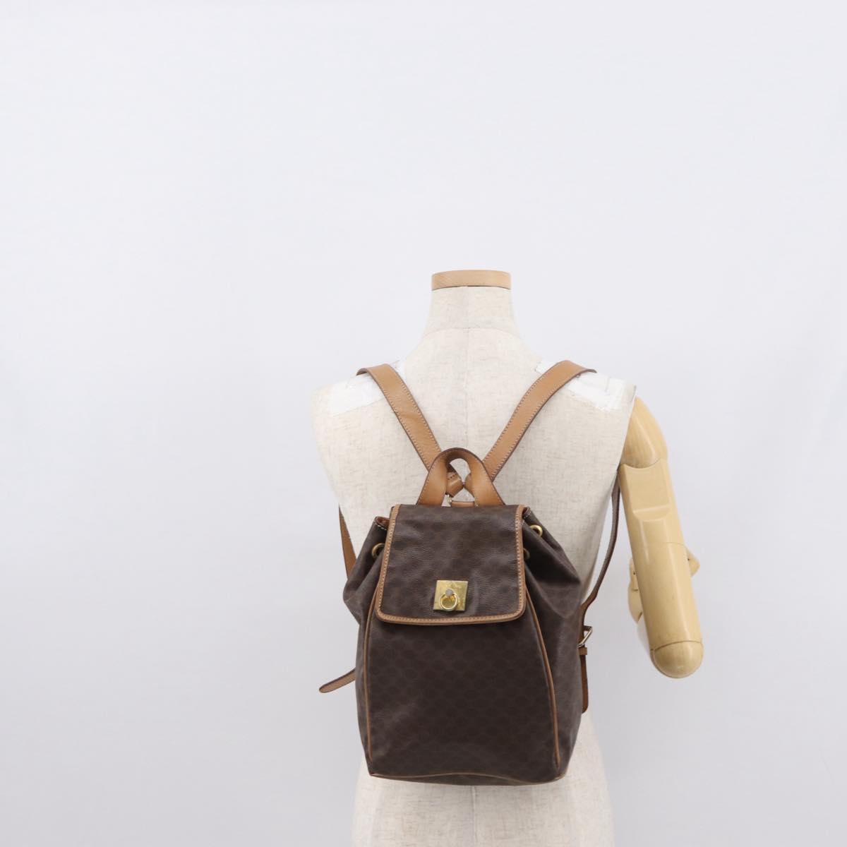 CELINE Macadam Canvas Backpack PVC Leather Brown Gold Auth 164150