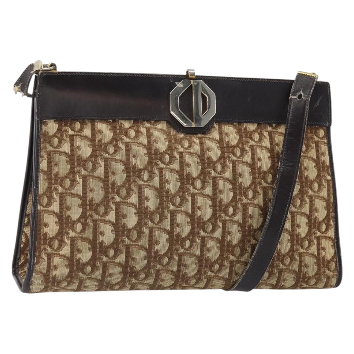 Christian Dior Trotter Canvas Shoulder Bag Beige Gold Auth 164161