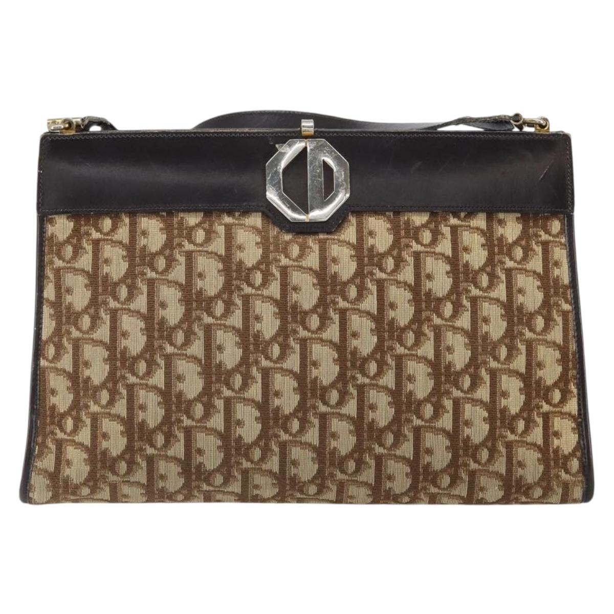 Christian Dior Trotter Canvas Shoulder Bag Beige Gold Auth 164161