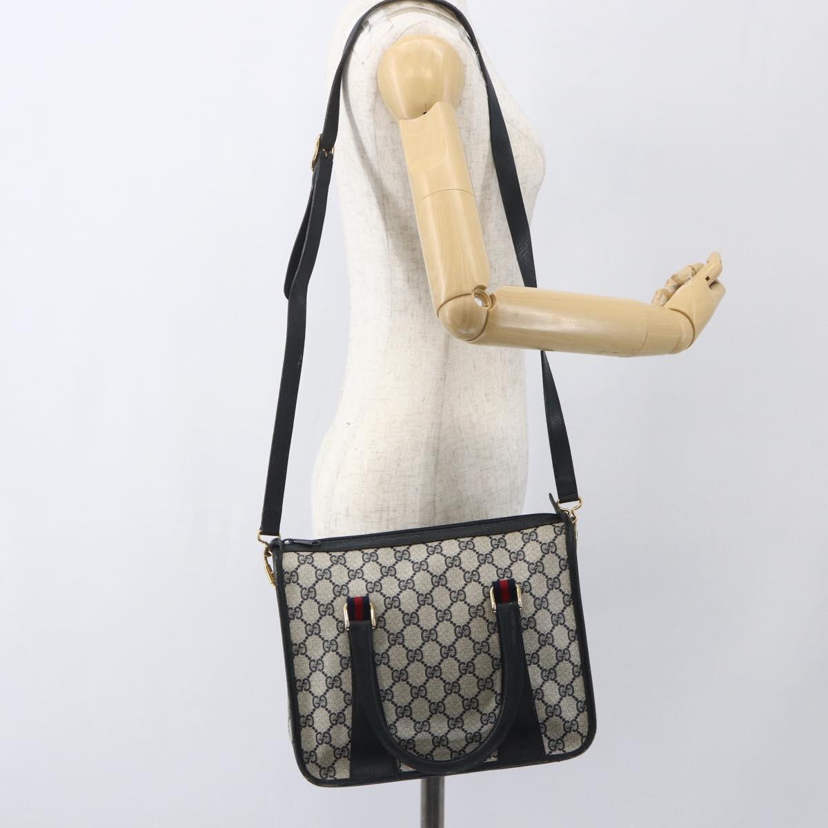 GUCCI GG Supreme Sherry Line Hand Bag PVC 2way Navy Gold 58 02 039 Auth 164169