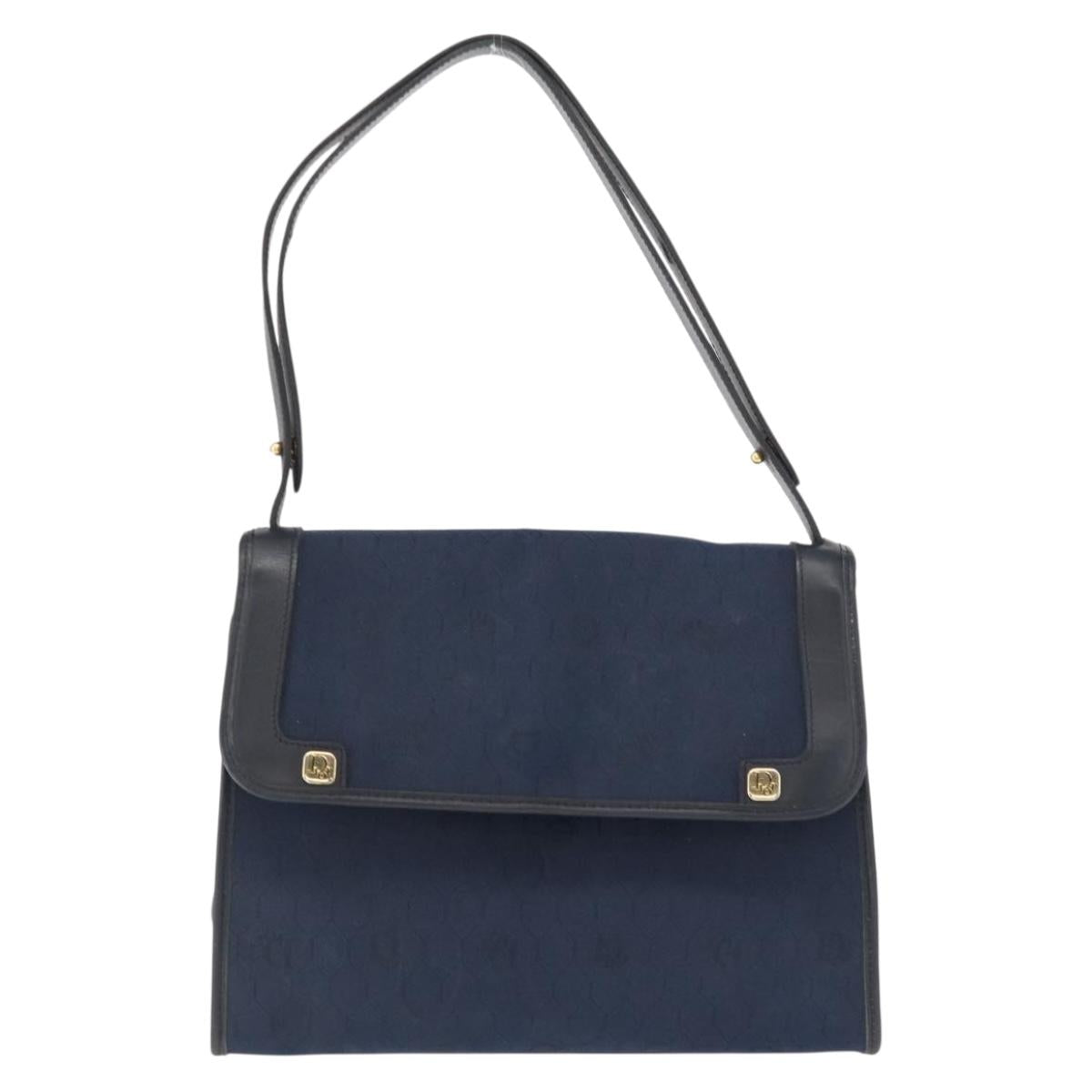Christian Dior Honeycomb Canvas Shoulder Bag Navy Gold Auth 164192