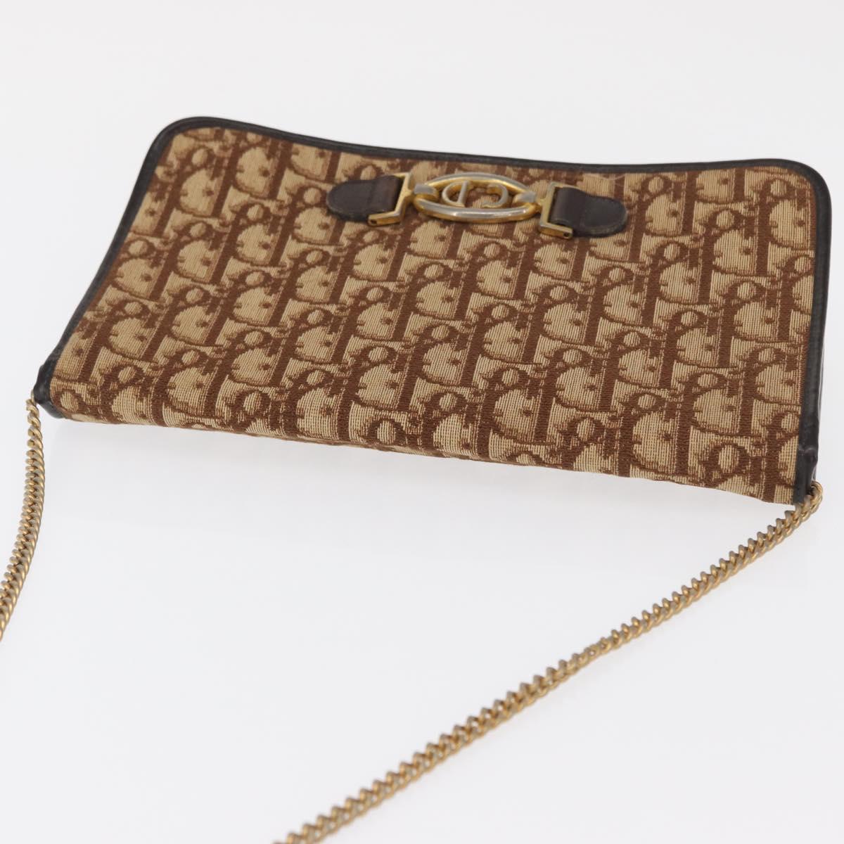 Christian Dior Trotter Canvas Chain Shoulder Bag Beige Gold Auth 164195