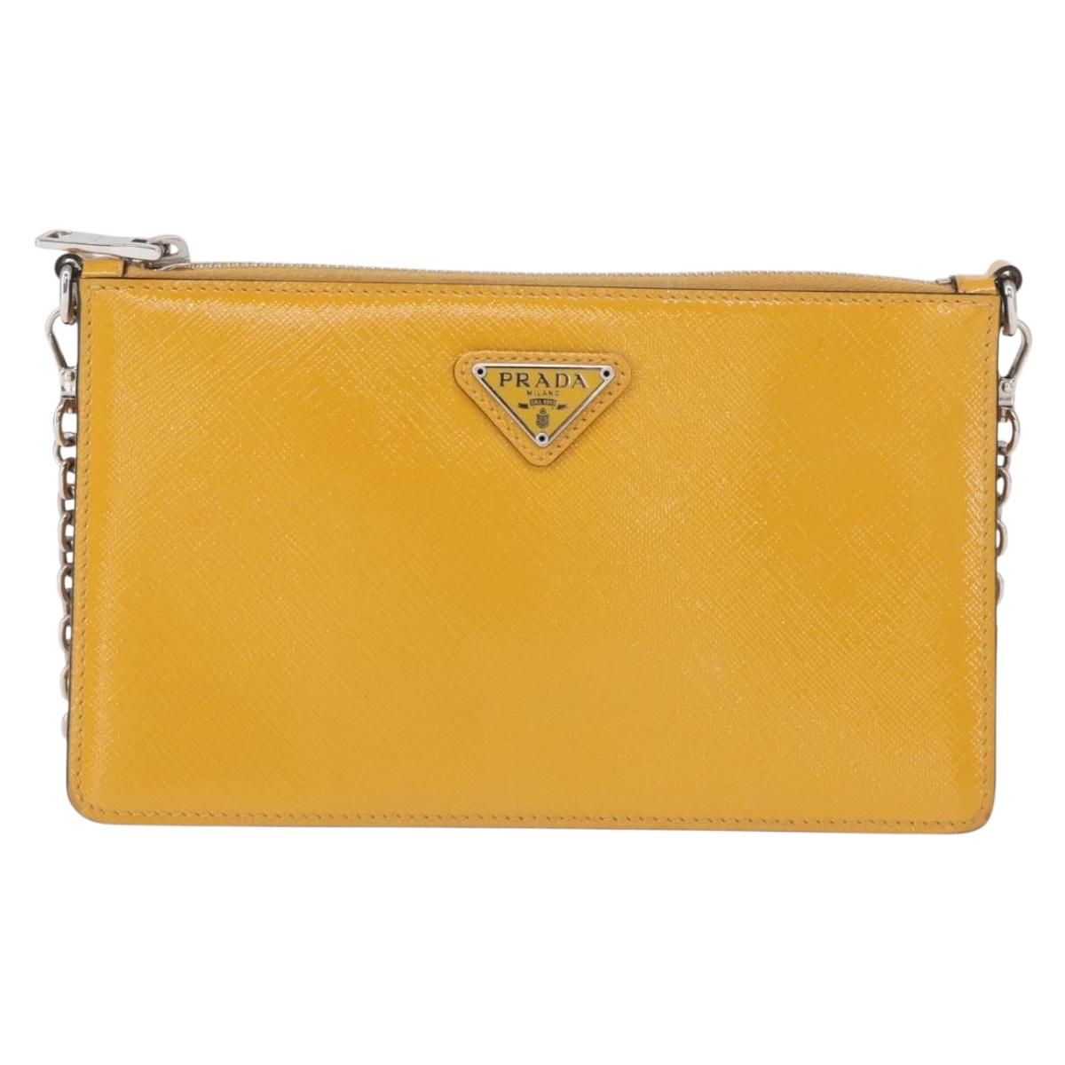 PRADA Chain Shoulder Bag Safiano leather Yellow Silver Auth 164207