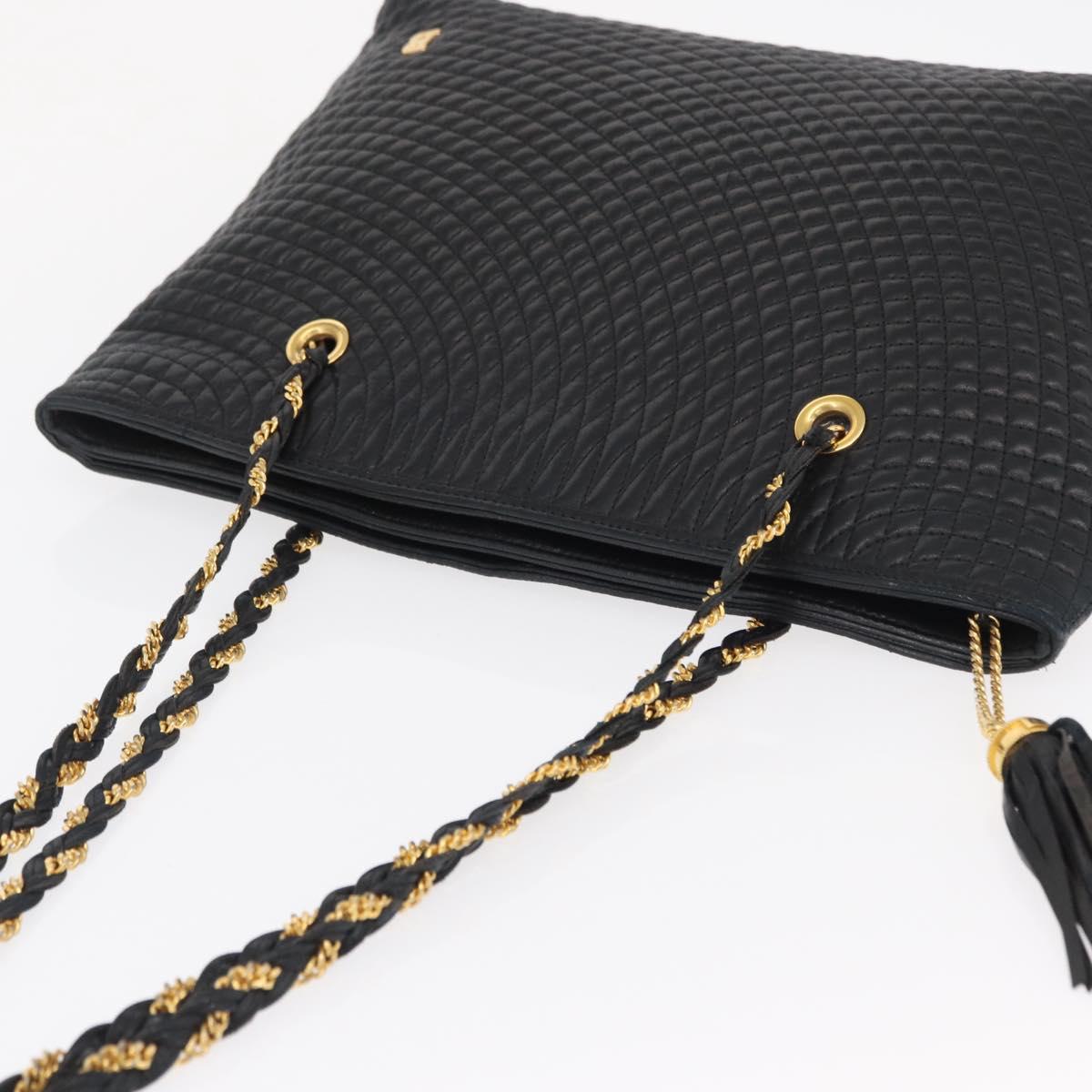 BALLY Quilted Chain Shoulder Bag Leather Black Gold Auth 164225