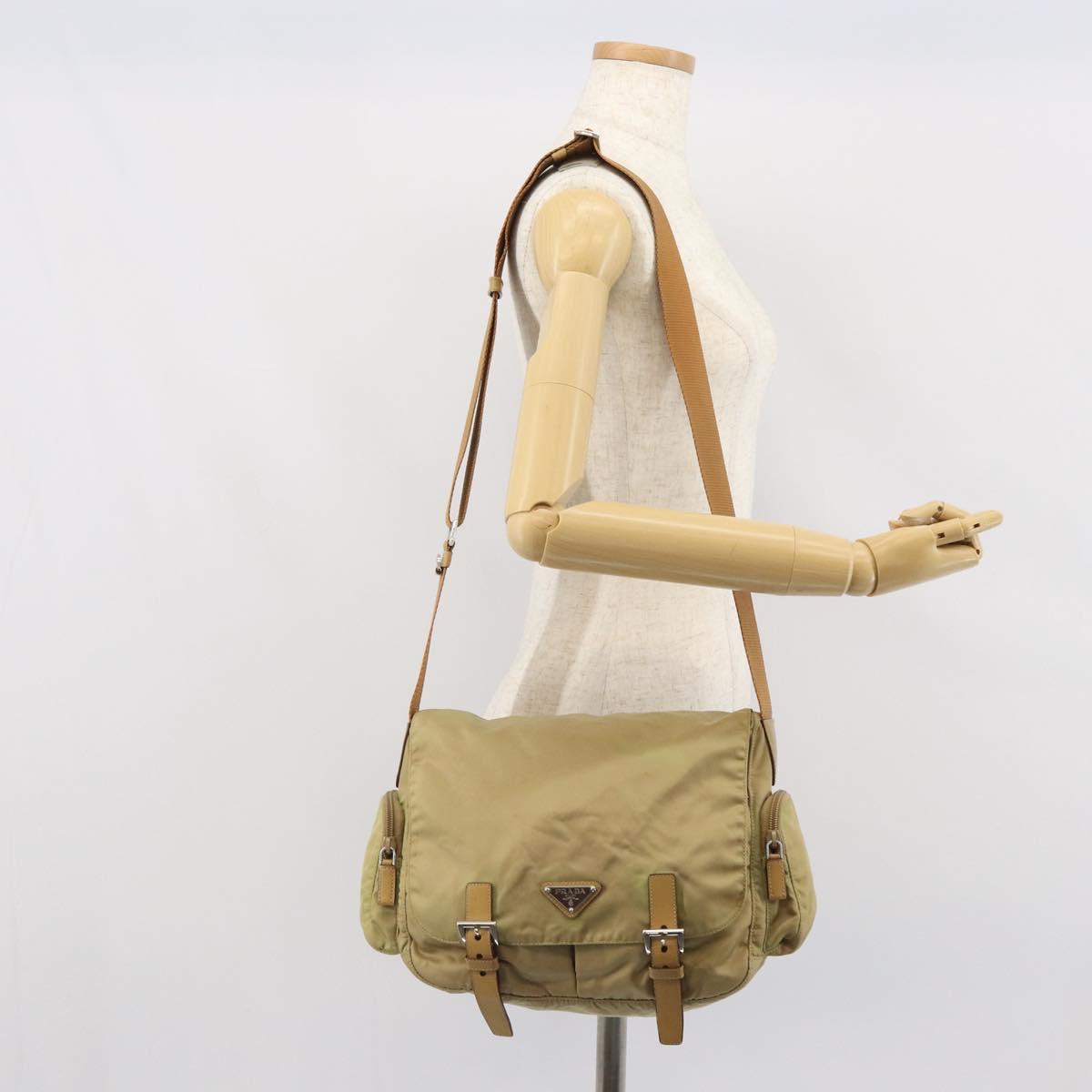 PRADA Shoulder Bag Nylon Beige Silver Auth 164243