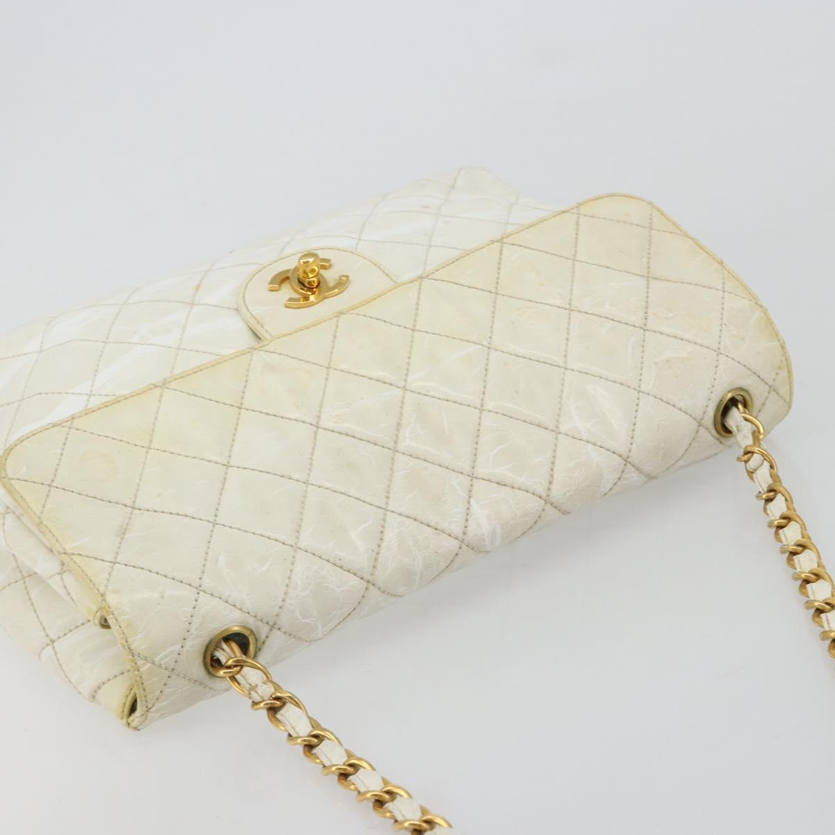 CHANEL Matelasse 30 Chain Shoulder Bag Patent leather White Gold CC Auth 164245