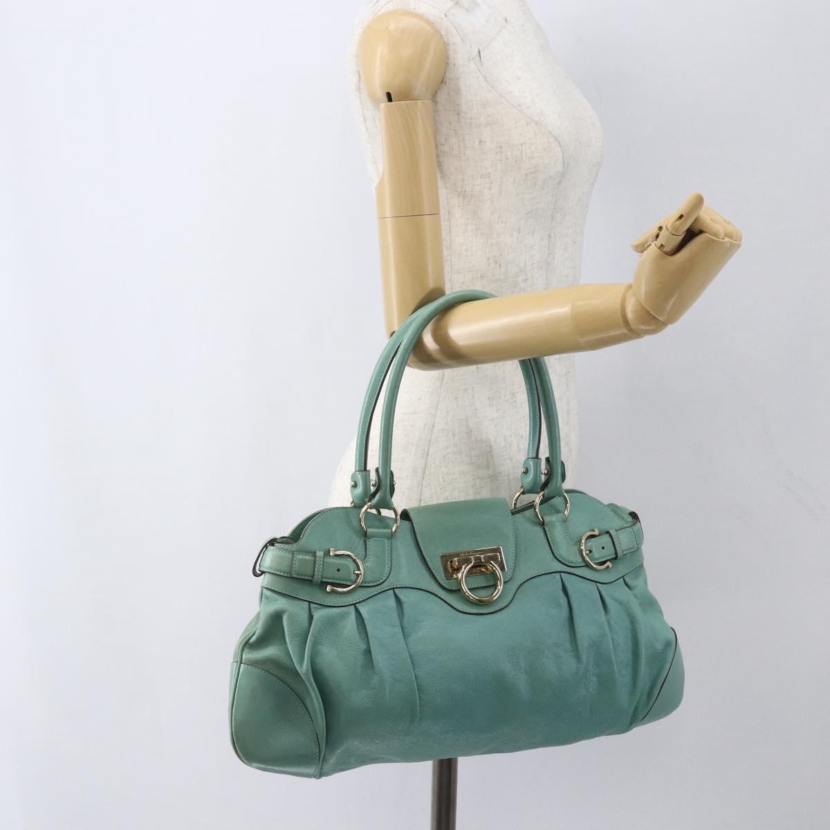 Salvatore Ferragamo Gancini Hand Bag Leather Gold Emerald Green Auth 164248