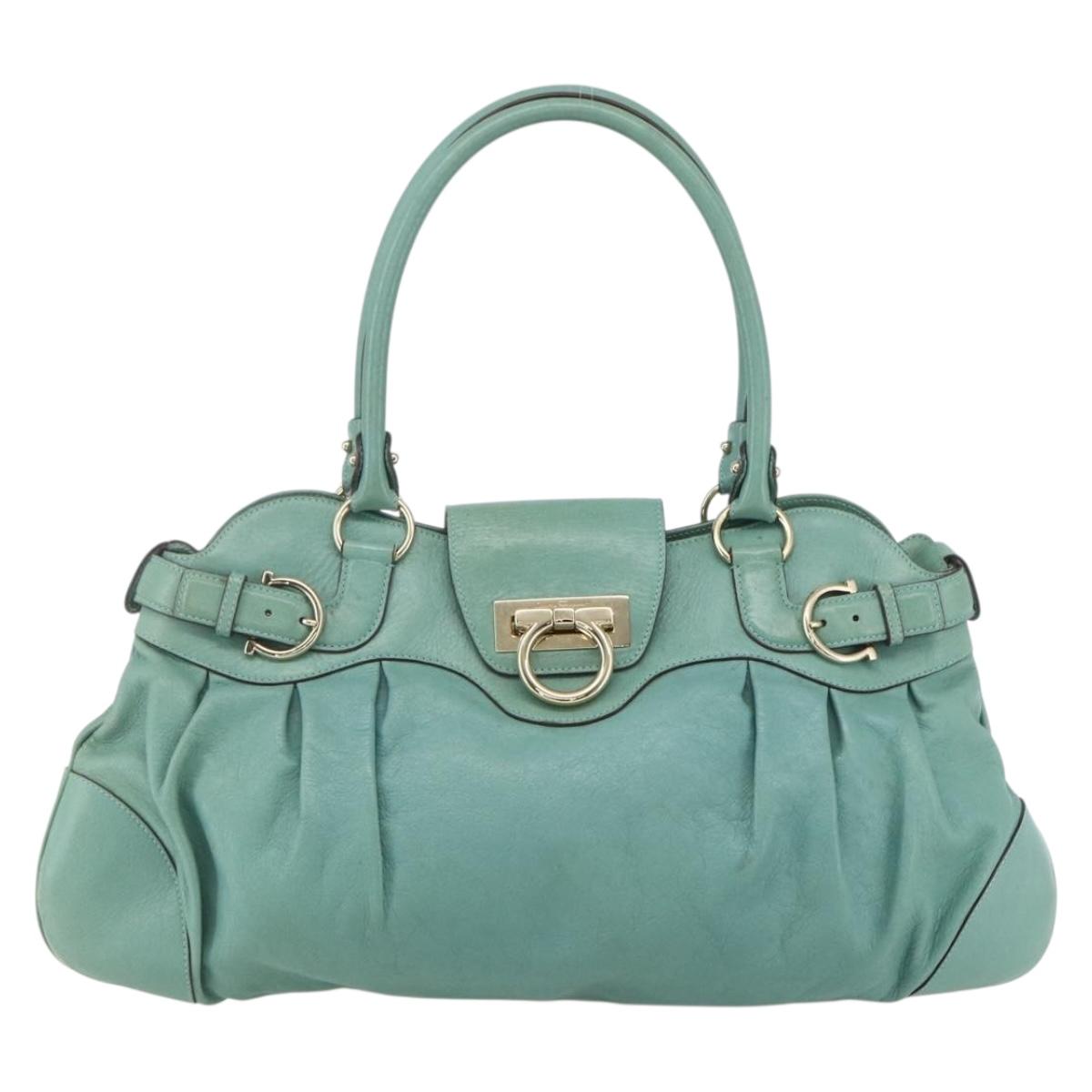Salvatore Ferragamo Gancini Hand Bag Leather Gold Emerald Green Auth 164248