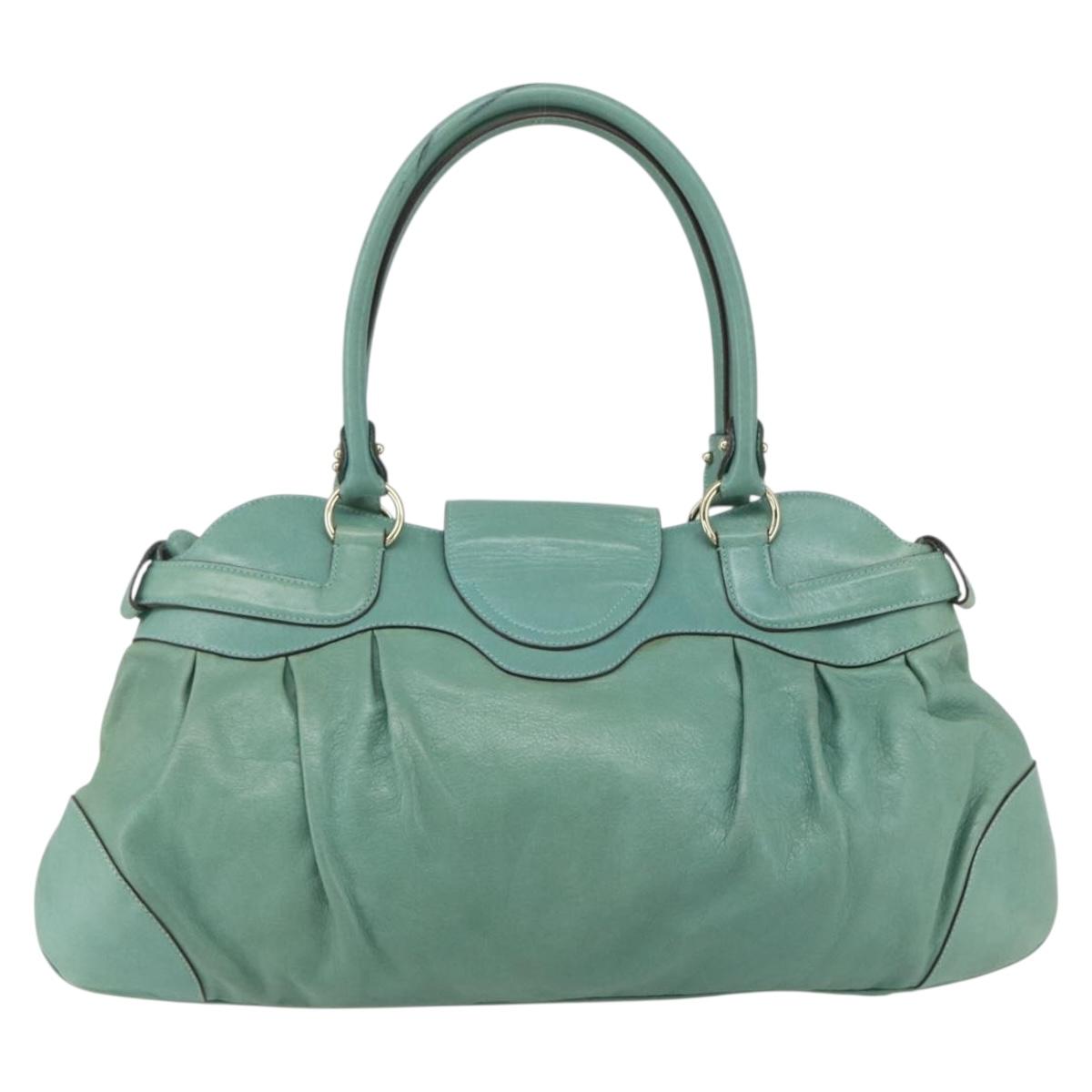 Salvatore Ferragamo Gancini Hand Bag Leather Gold Emerald Green Auth 164248