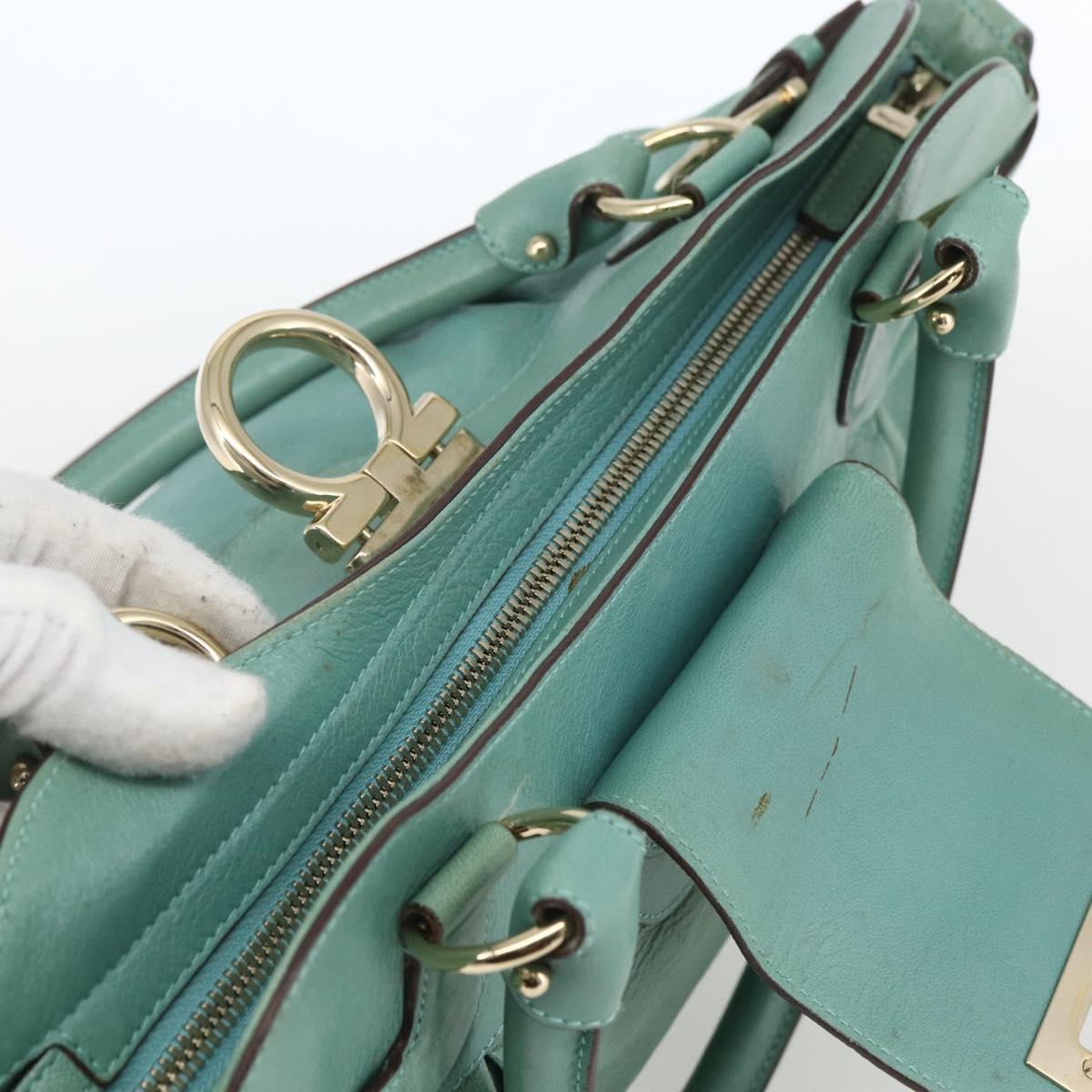 Salvatore Ferragamo Gancini Hand Bag Leather Gold Emerald Green Auth 164248