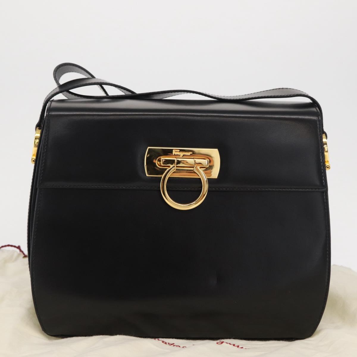 Salvatore Ferragamo Gancini Shoulder Bag Leather Black Gold Auth 164257