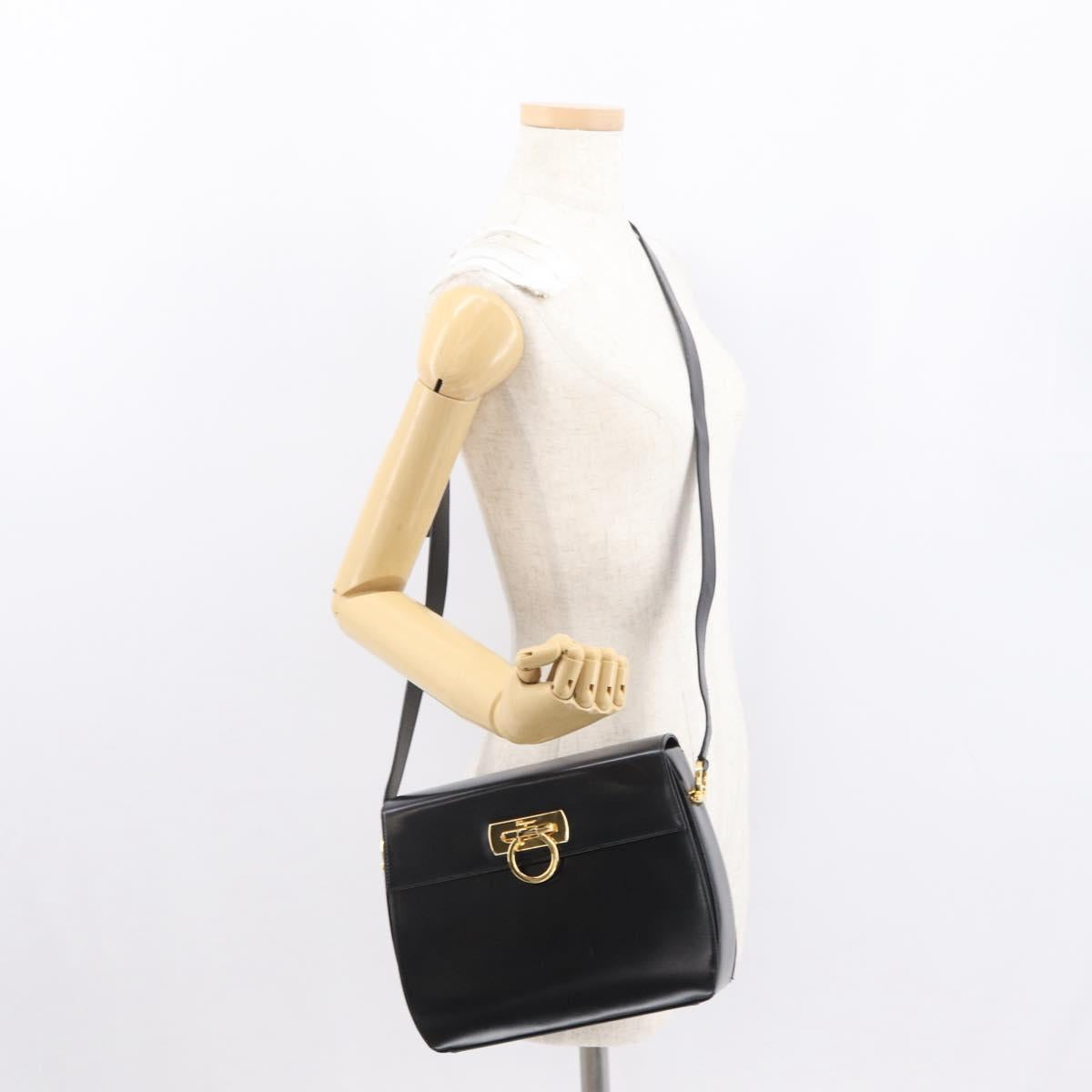 Salvatore Ferragamo Gancini Shoulder Bag Leather Black Gold Auth 164257