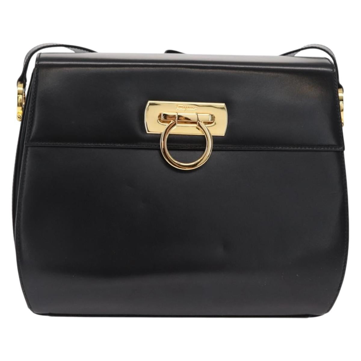 Salvatore Ferragamo Gancini Shoulder Bag Leather Black Gold Auth 164257
