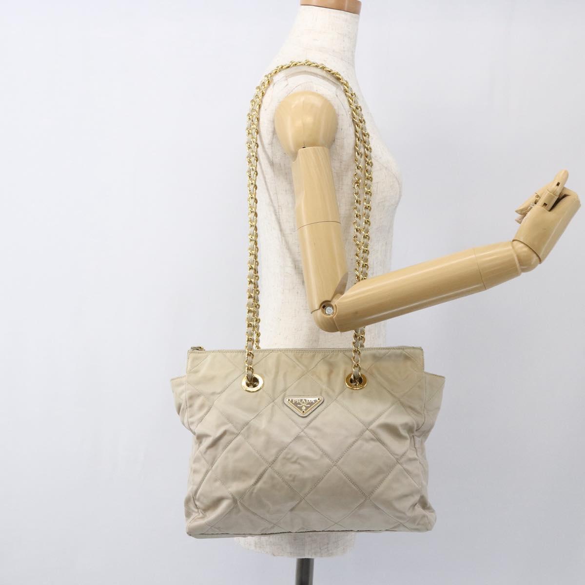 PRADA Chain Shoulder Bag Nylon Ivory Gold Auth 164262