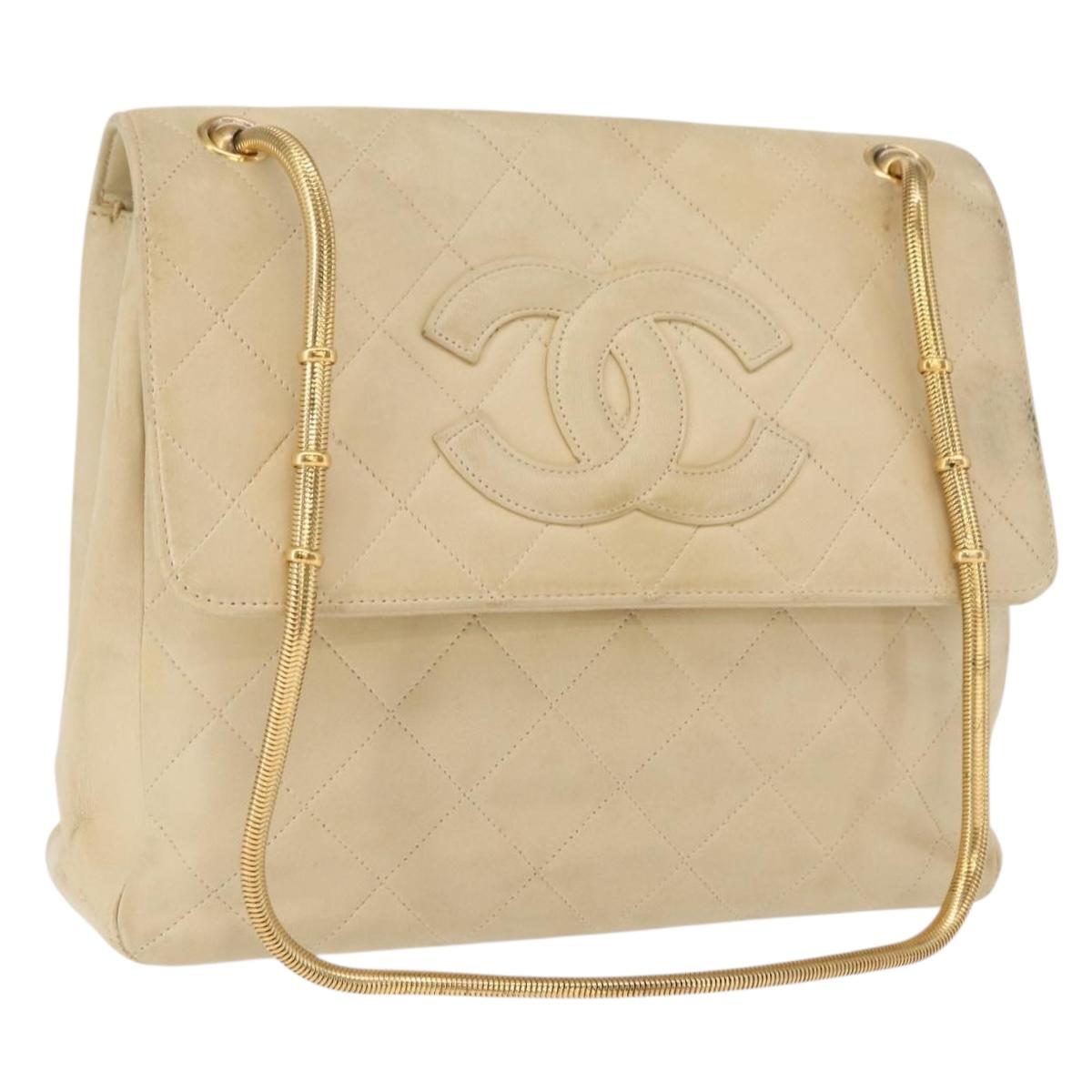 CHANEL Matelasse Chain Shoulder Bag Lamb Skin Ivory Gold CC Auth 164270