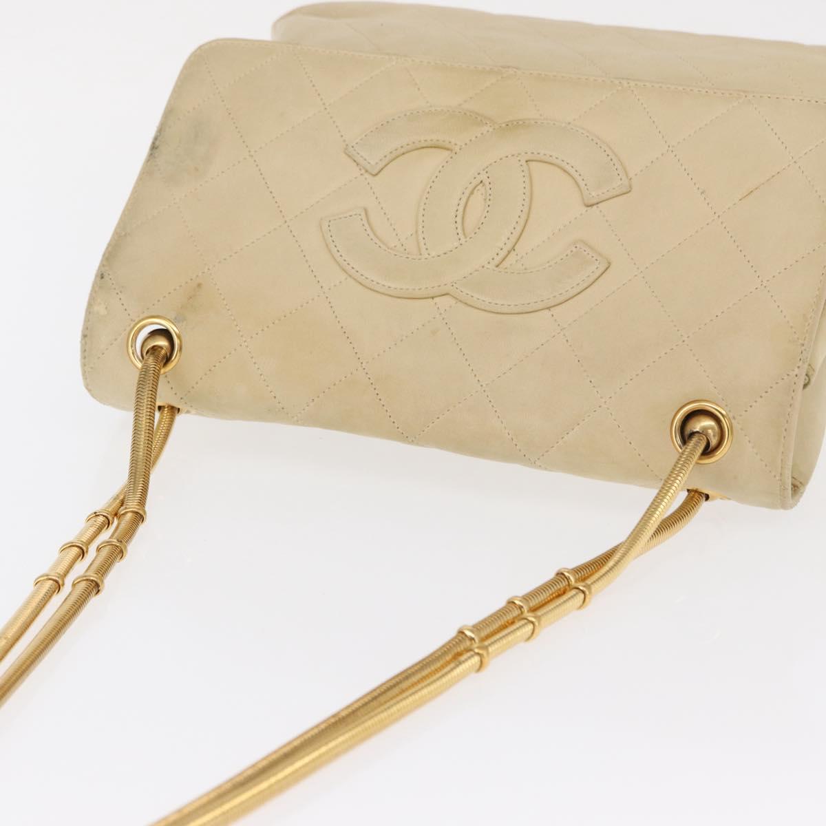 CHANEL Matelasse Chain Shoulder Bag Lamb Skin Ivory Gold CC Auth 164270