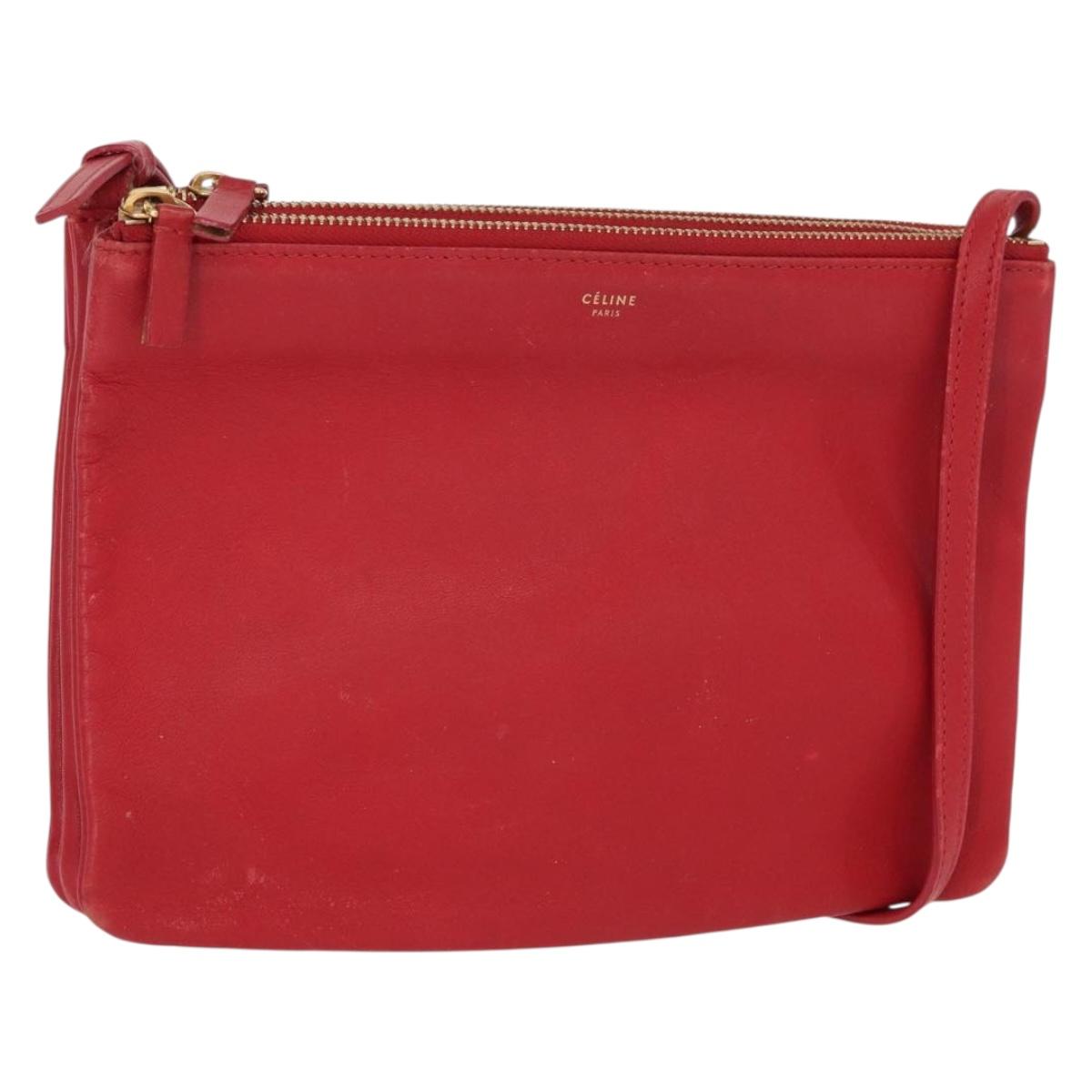 CELINE Trio Shoulder Bag Leather Red Gold Auth 164272