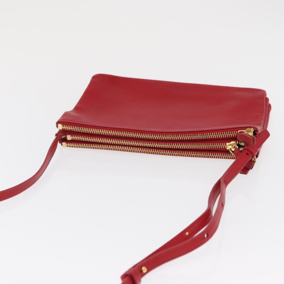 CELINE Trio Shoulder Bag Leather Red Gold Auth 164272