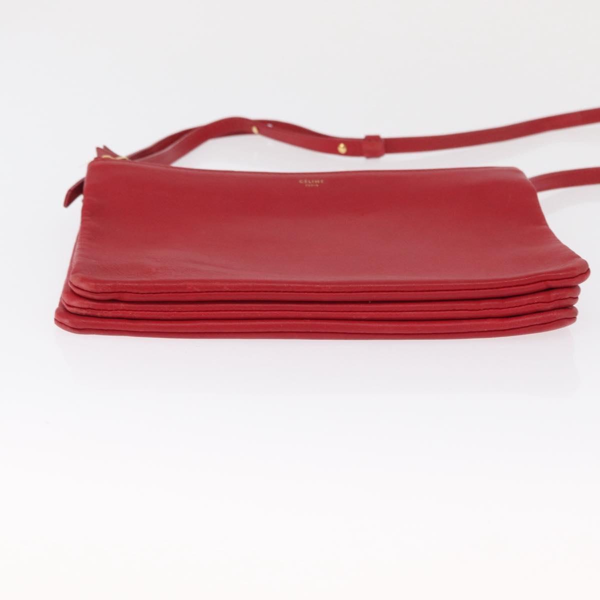 CELINE Trio Shoulder Bag Leather Red Gold Auth 164272