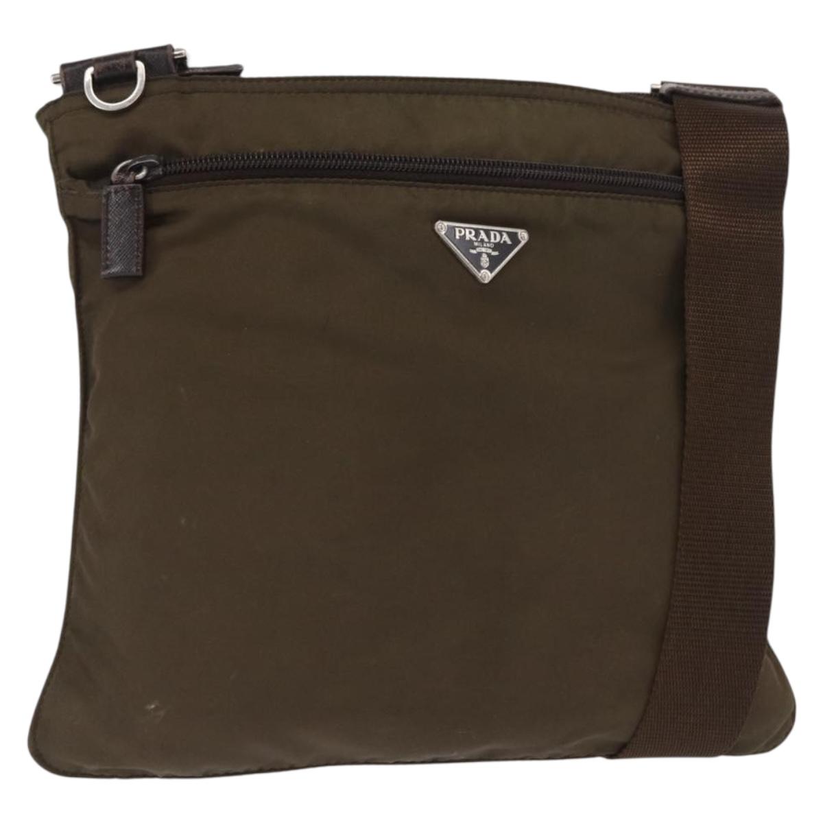 PRADA Shoulder Bag Nylon Khaki Silver Auth 164284
